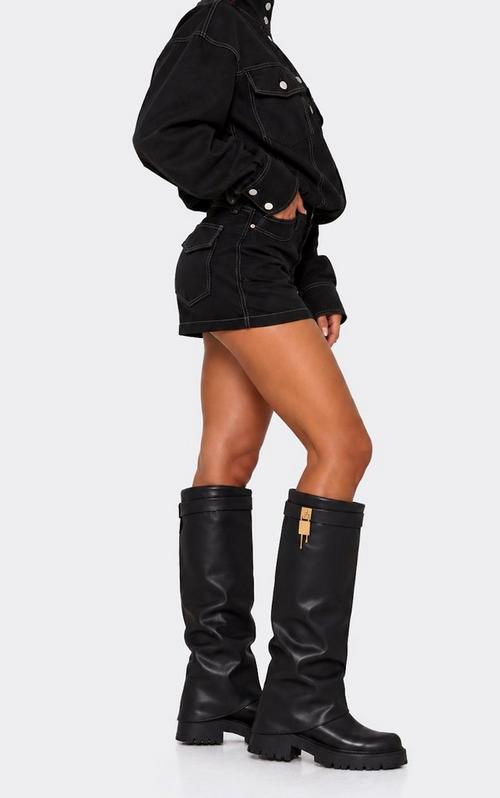 Lucius Multi Buckle Detail Chunky Knee High Long Biker Boot In