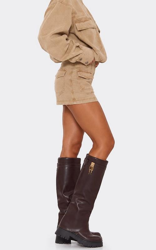 Azura Side Buckle Detail Midi Calf Biker Boot In Dark Brown Faux