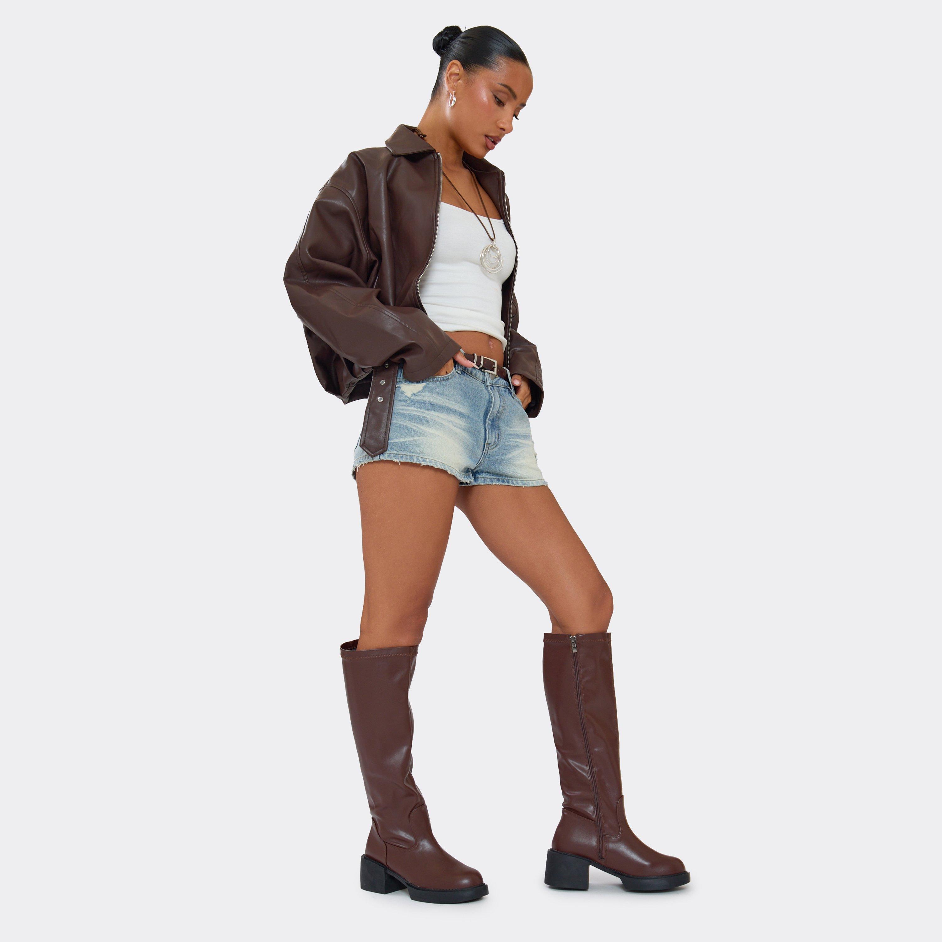 Caesar Chunky Block Heel Knee High Long Boot In Brown Faux Leather, Women’s