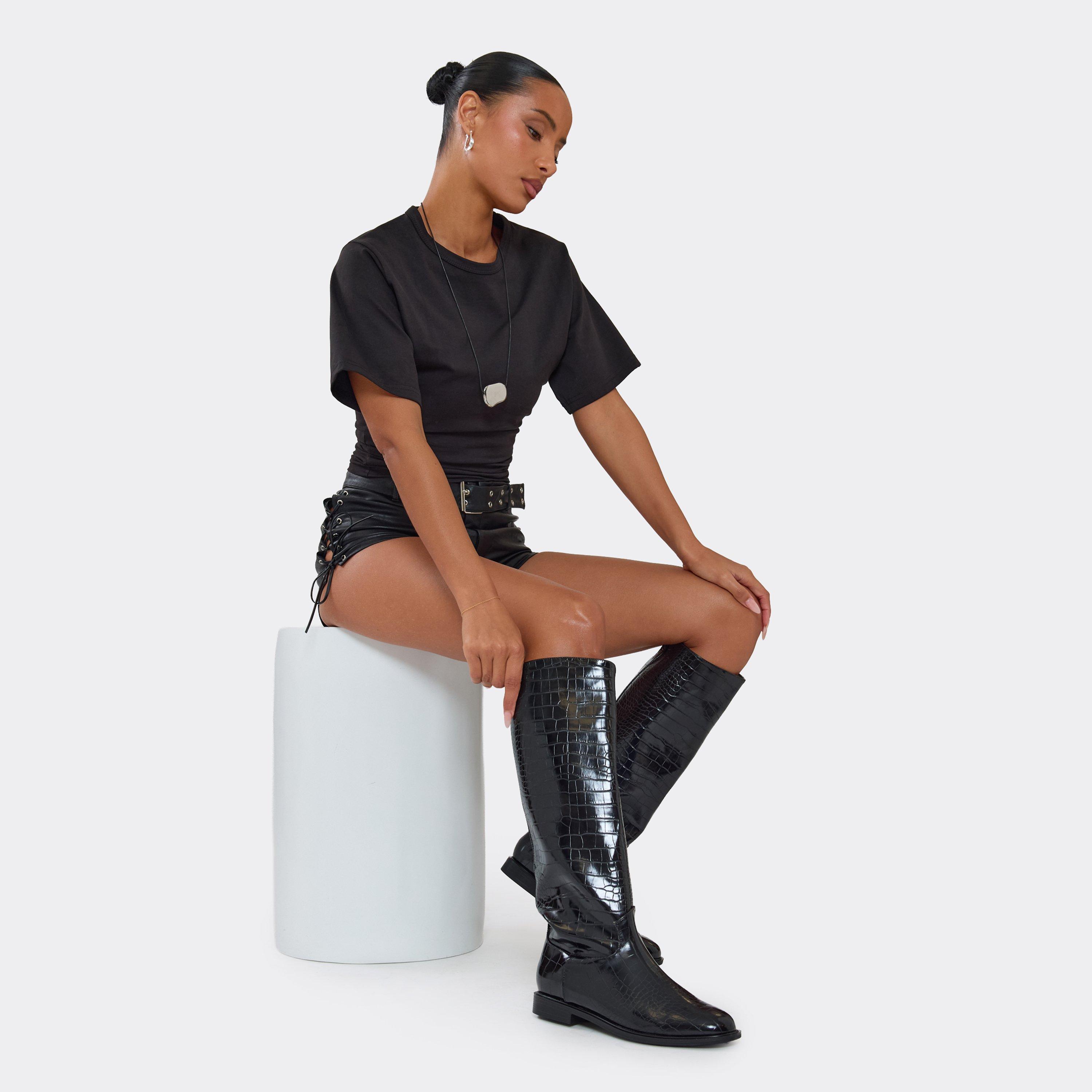 Animal-Instinct Knee High Boot In Black Croc Print Faux Leather, Women’s