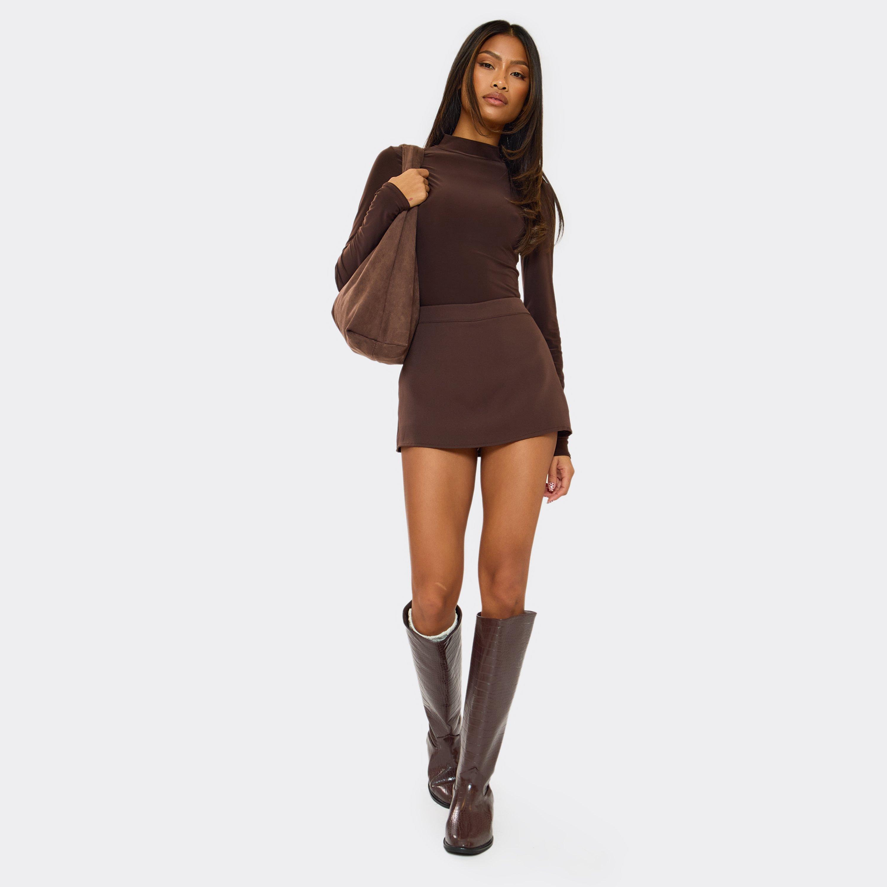 Animal-Instinct Knee High Boot In Brown Croc Print Faux Leather, Women’s
