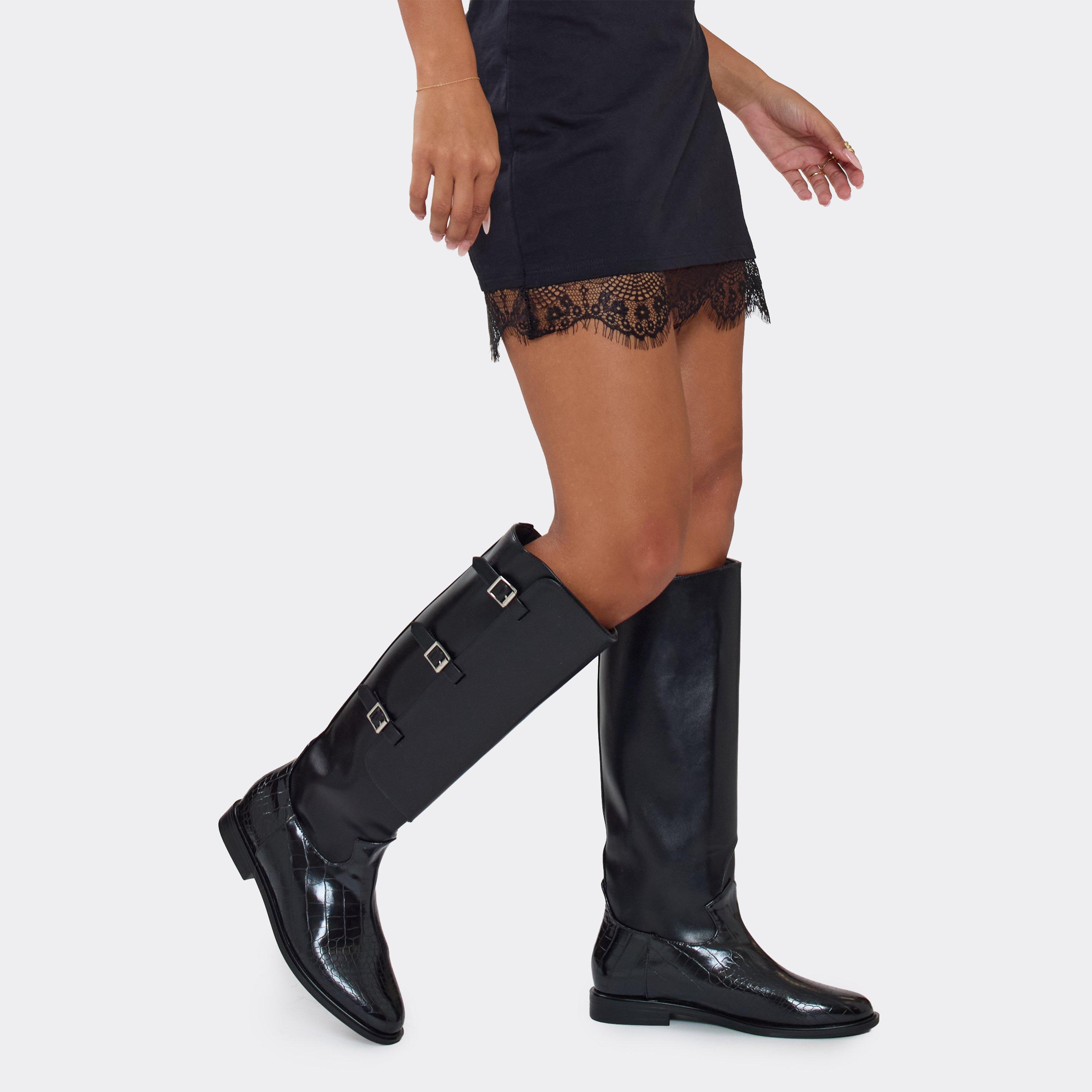 Mona Buckle Detail Knee High Boot In Black Faux Leather, Women's Size UK 3