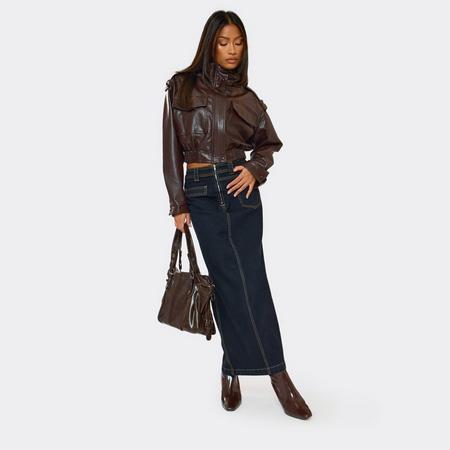 Mid Rise Pocket Detail Maxi Skirt In Indigo Blue Denim, Women's Size US