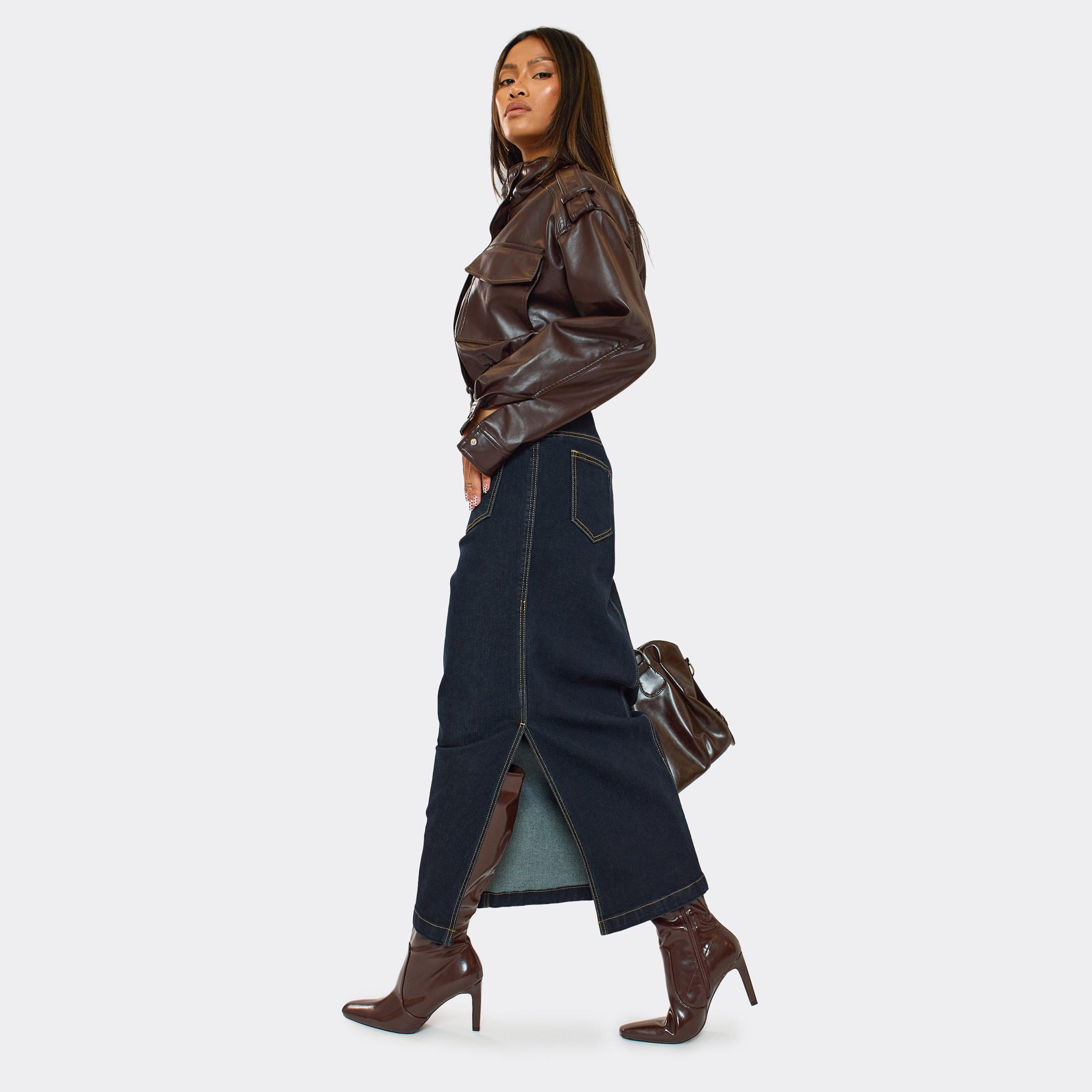 Floor-It Pointed Toe Knee High Heeled Boot In Brown Faux Leather, Women’s