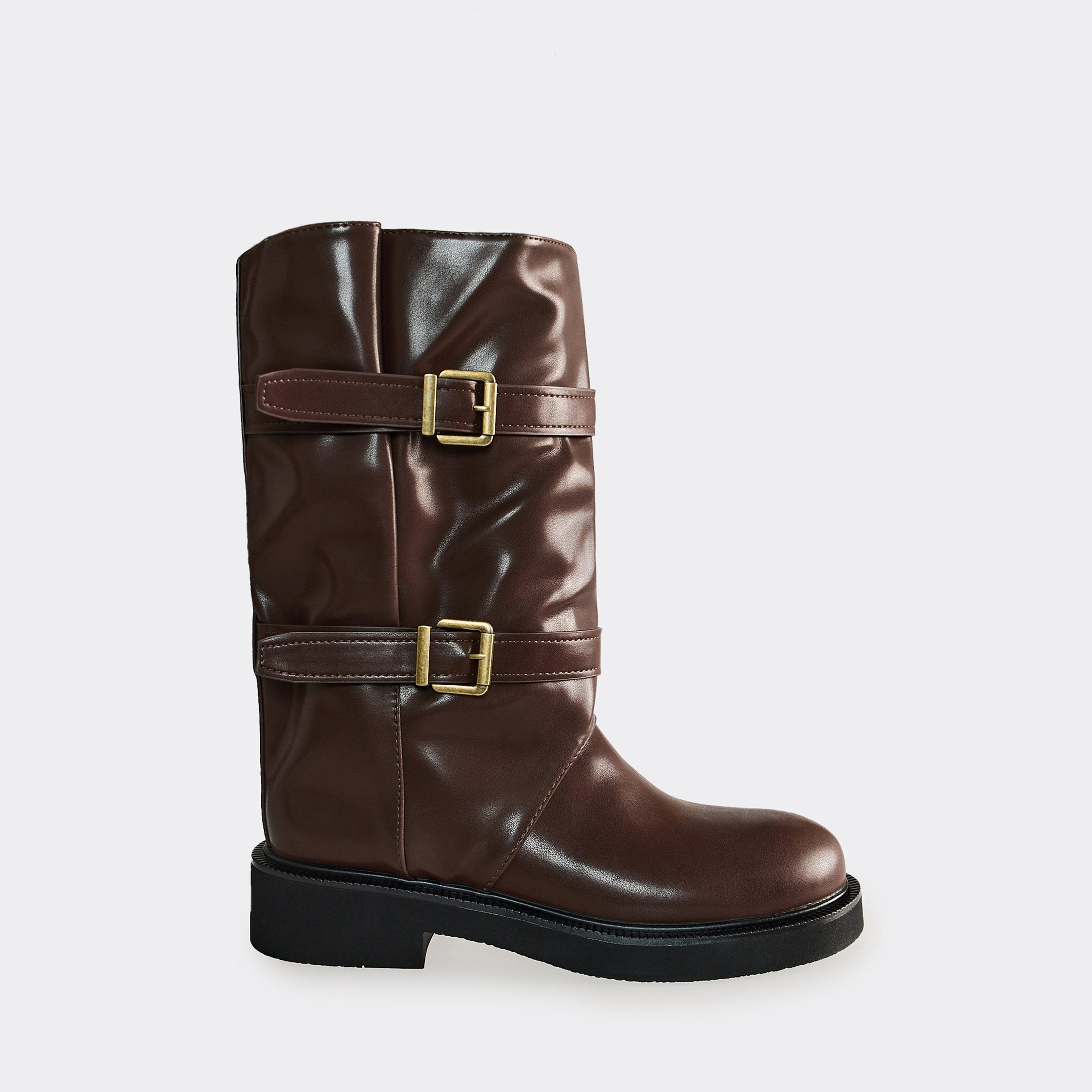 Rulez Double Buckle Mid Calf Biker Boot In Brown Faux Leather, Women’s