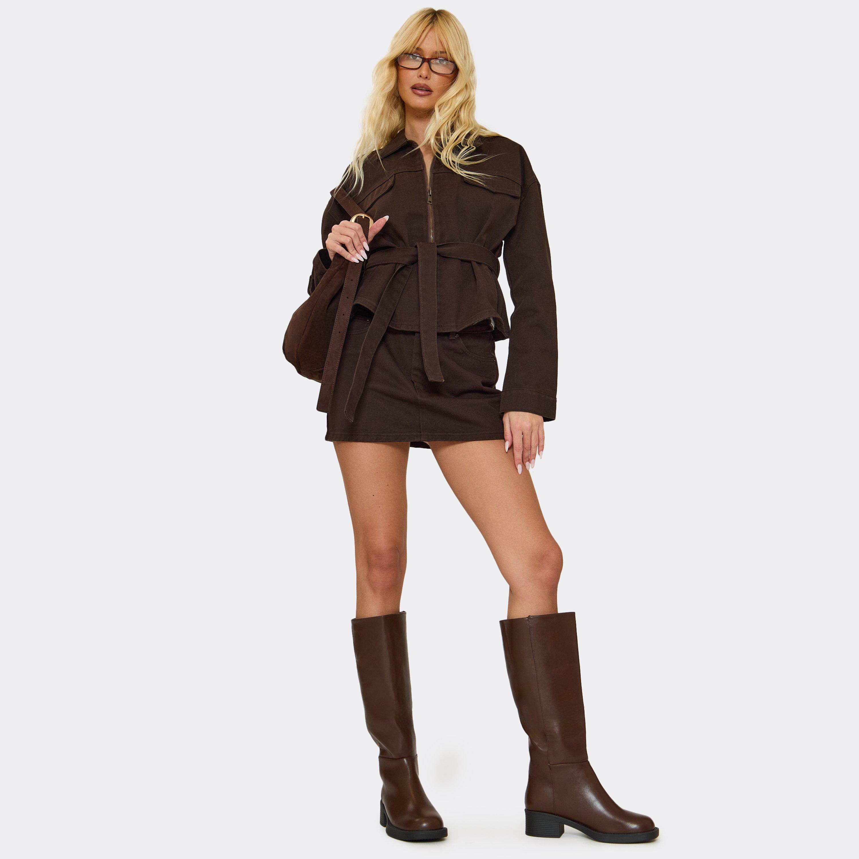 Shuffle Block Heel Knee High Boot In Brown Faux Leather, Women's Size UK 9