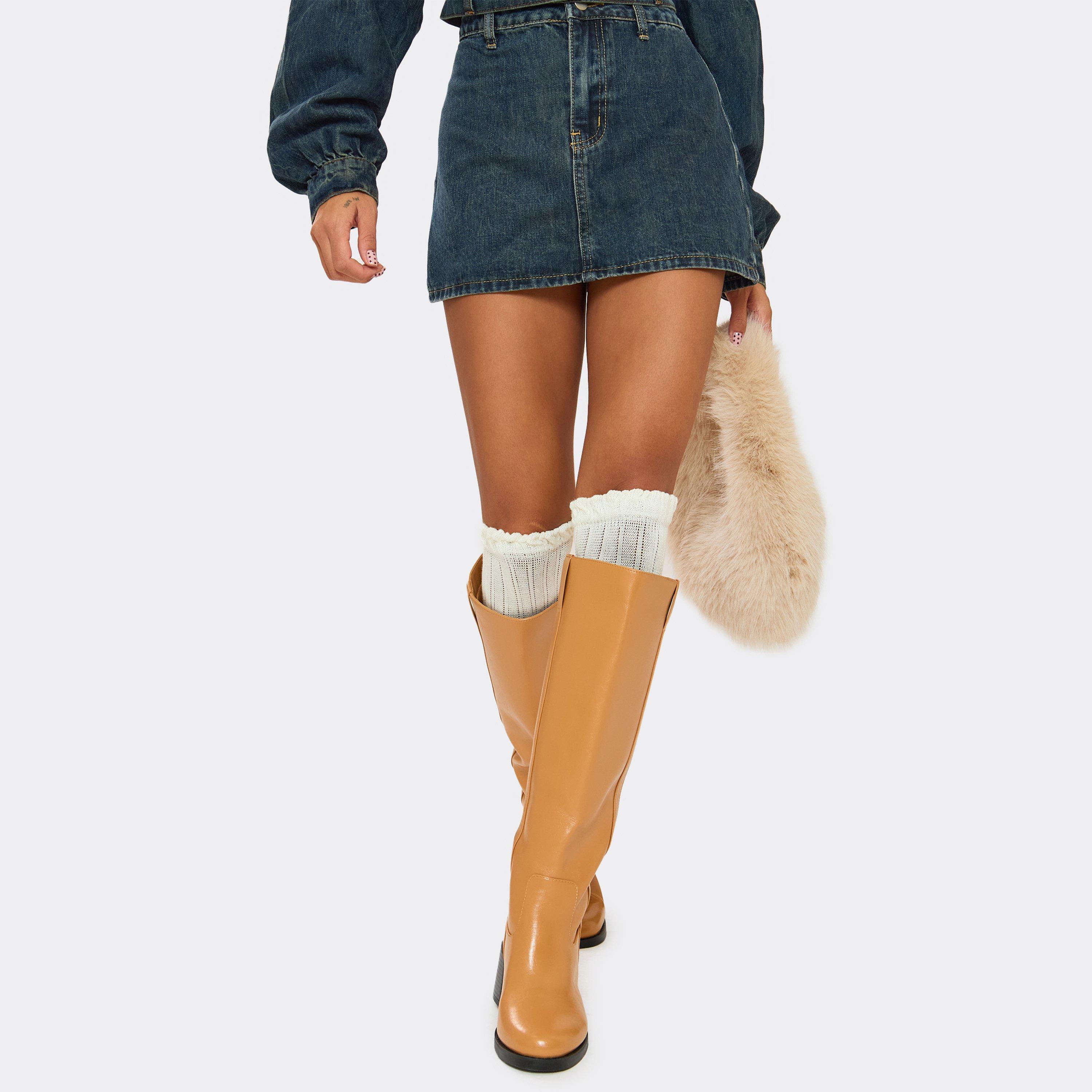 Step Up Block Heel Side Panel Detail Knee High Boot In Camel Faux Leather, Women’s