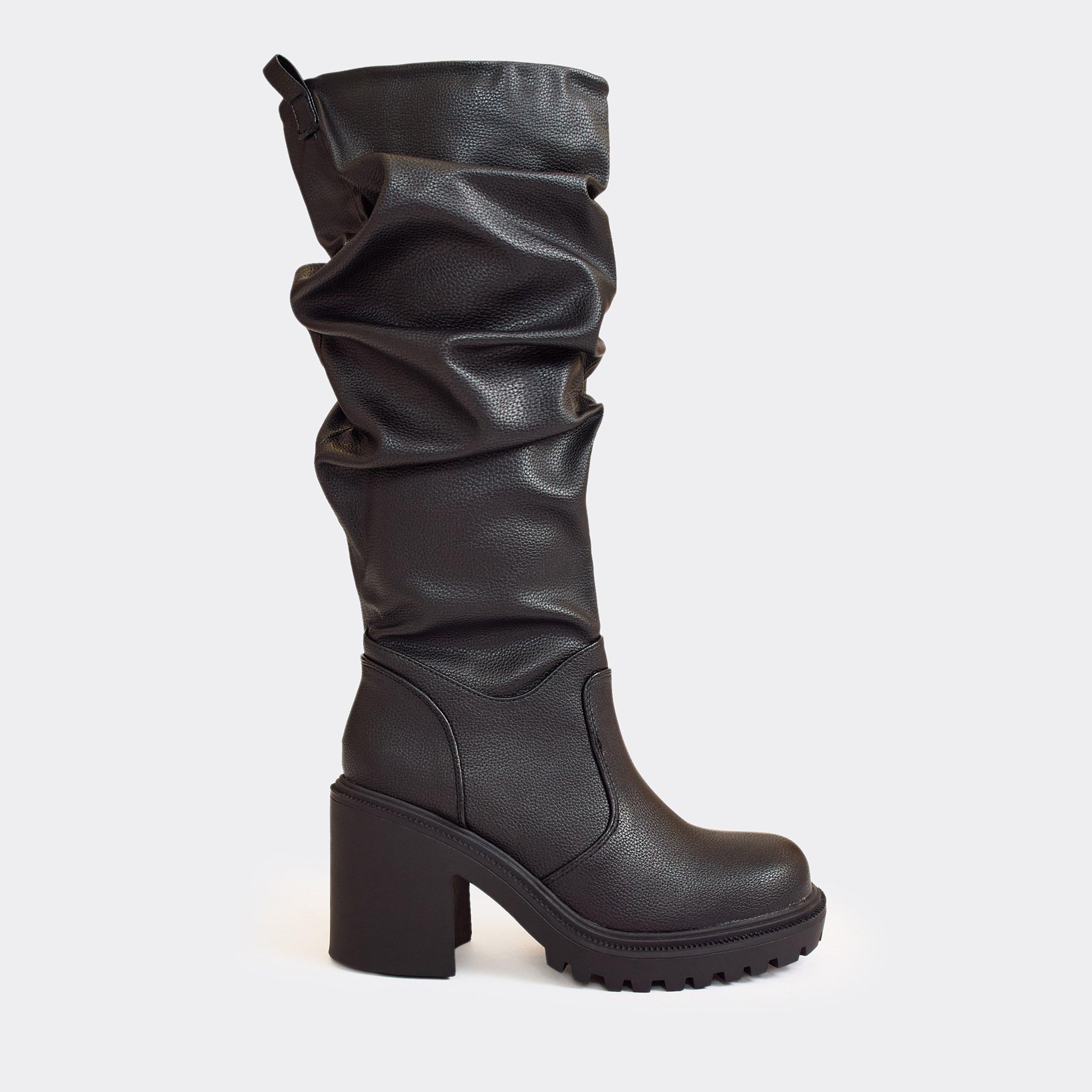 Stomp It Out Block Heel Knee High Slouched Detail Boot In Black Faux Leather, Women’s