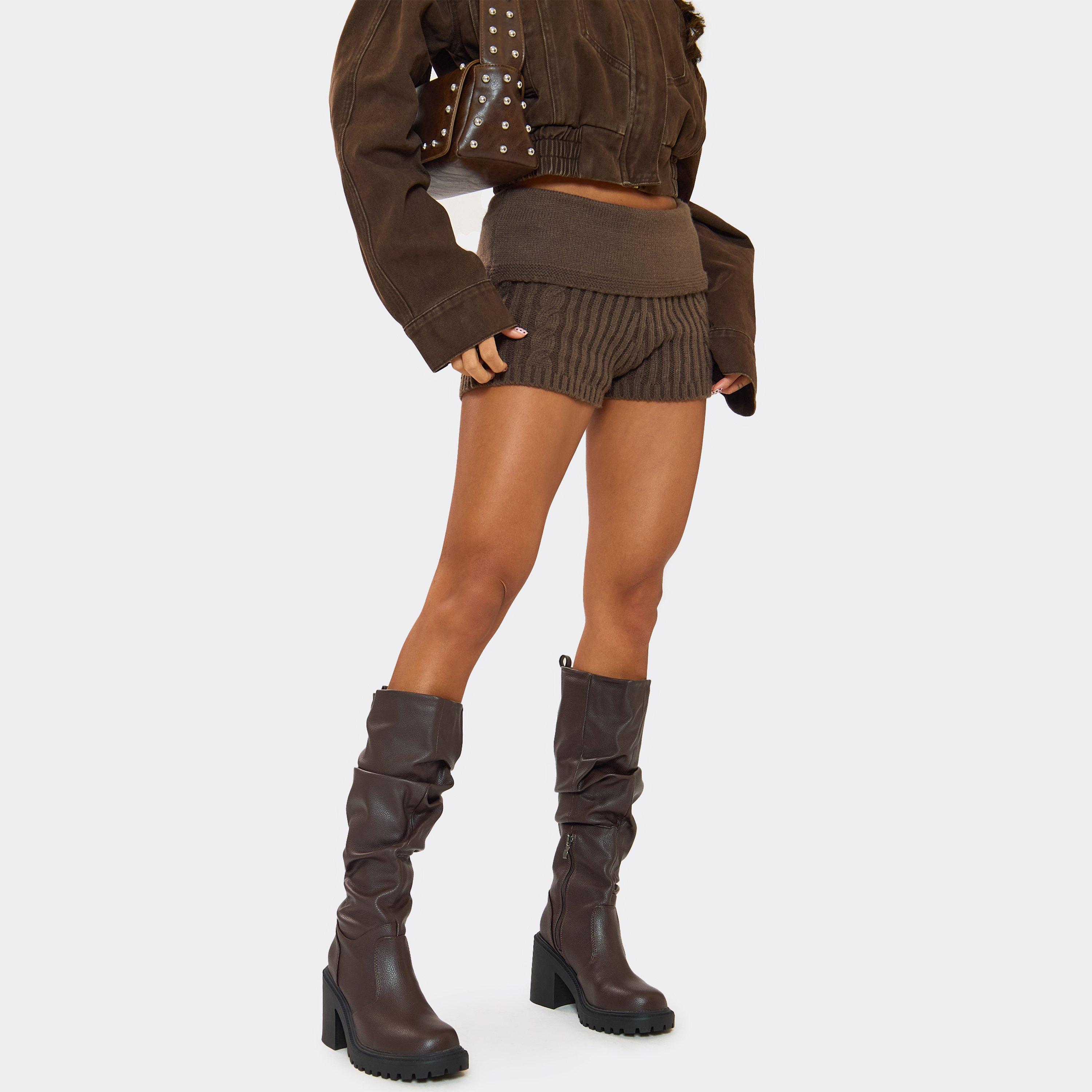 Stomp It Out Block Heel Knee High Slouched Detail Boot In Brown Faux Leather, Women's Size UK 9