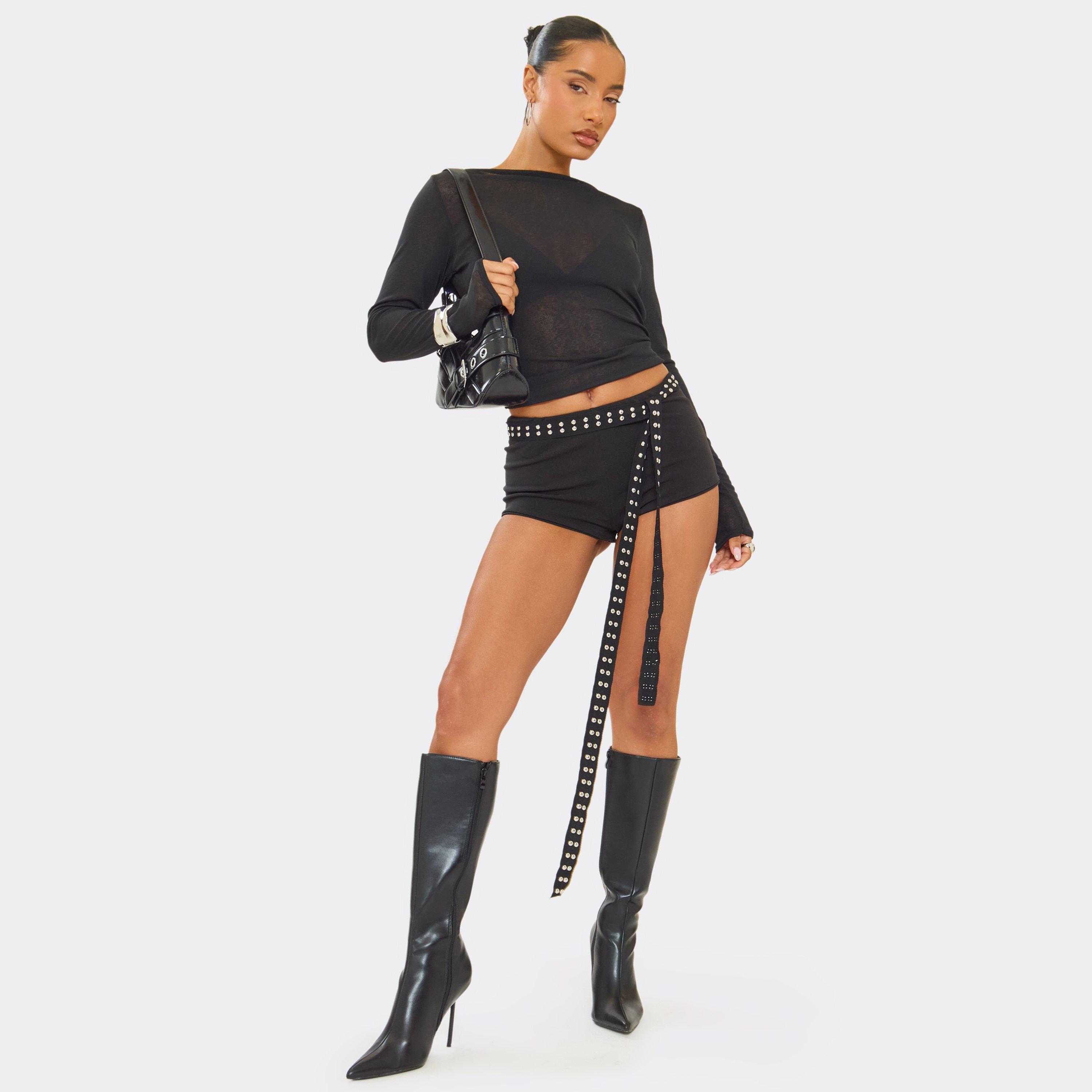 Slayer Pointed Toe Stiletto Heel Knee High Boot In Black Faux Leather, Women’s