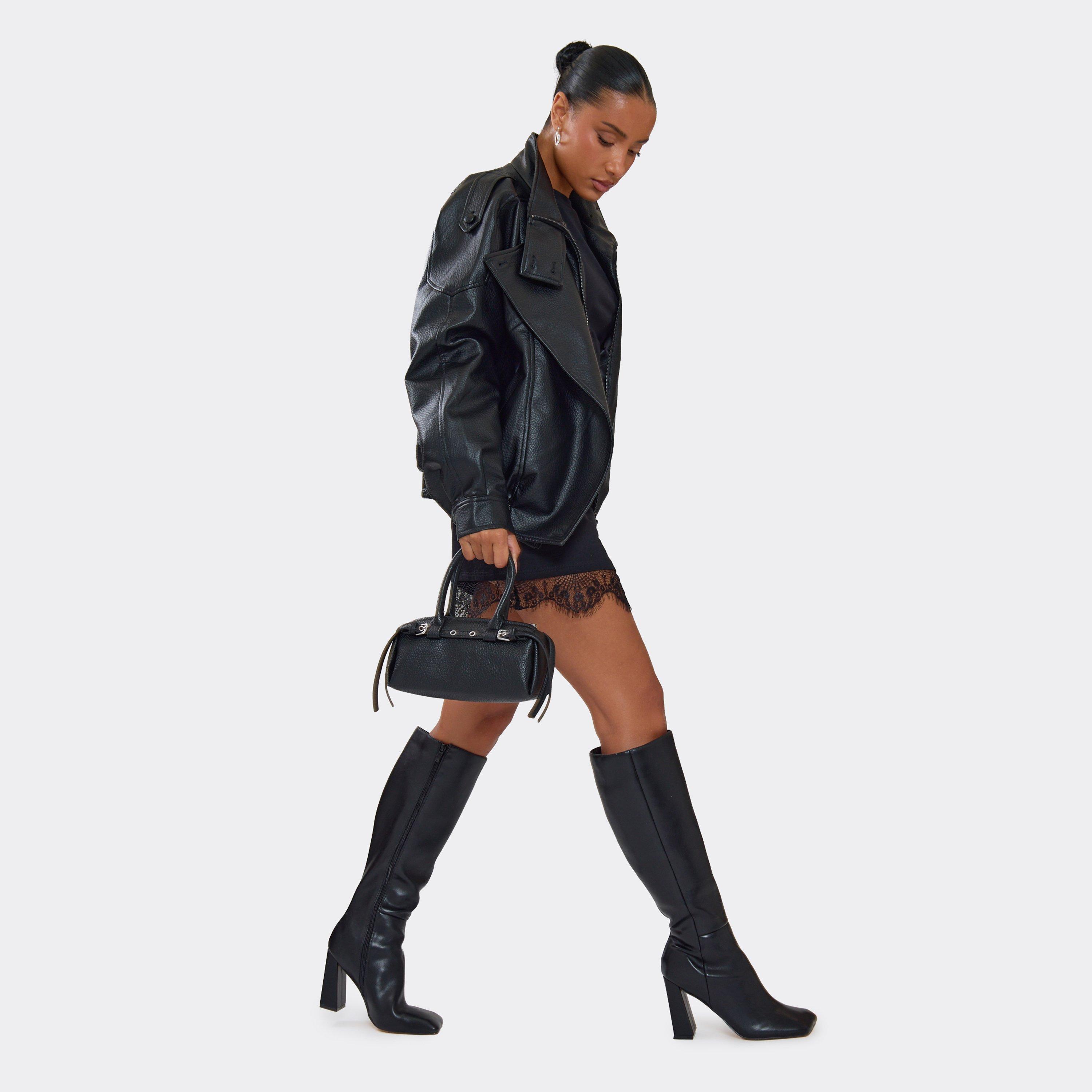 Monica Square Toe Detail Knee High Boot Heeled Boot In Black Faux Leather, Women's Size UK 4