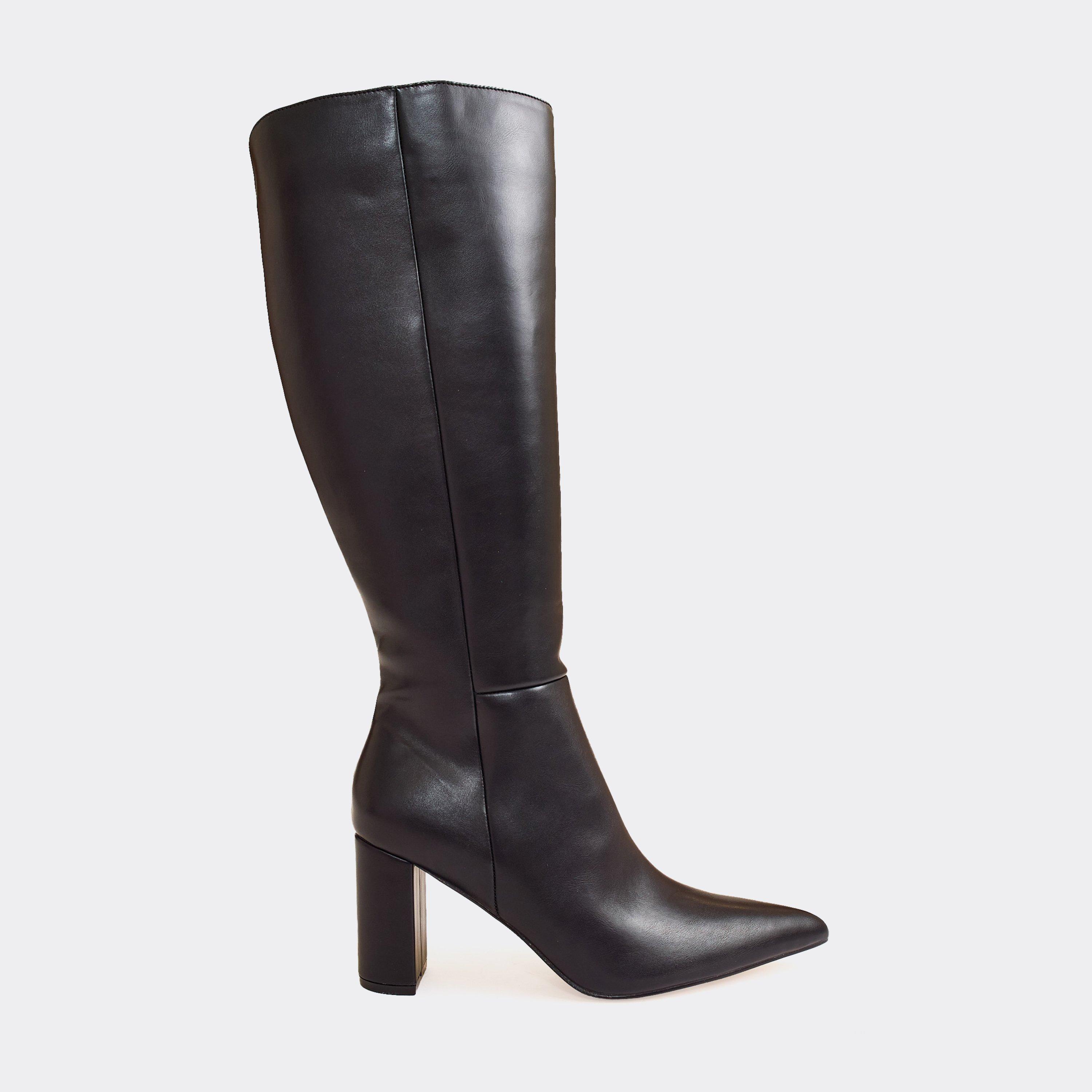 Outstanding Pointed Toe Knee High Heeled Boot In Black Faux Leather, Women’s