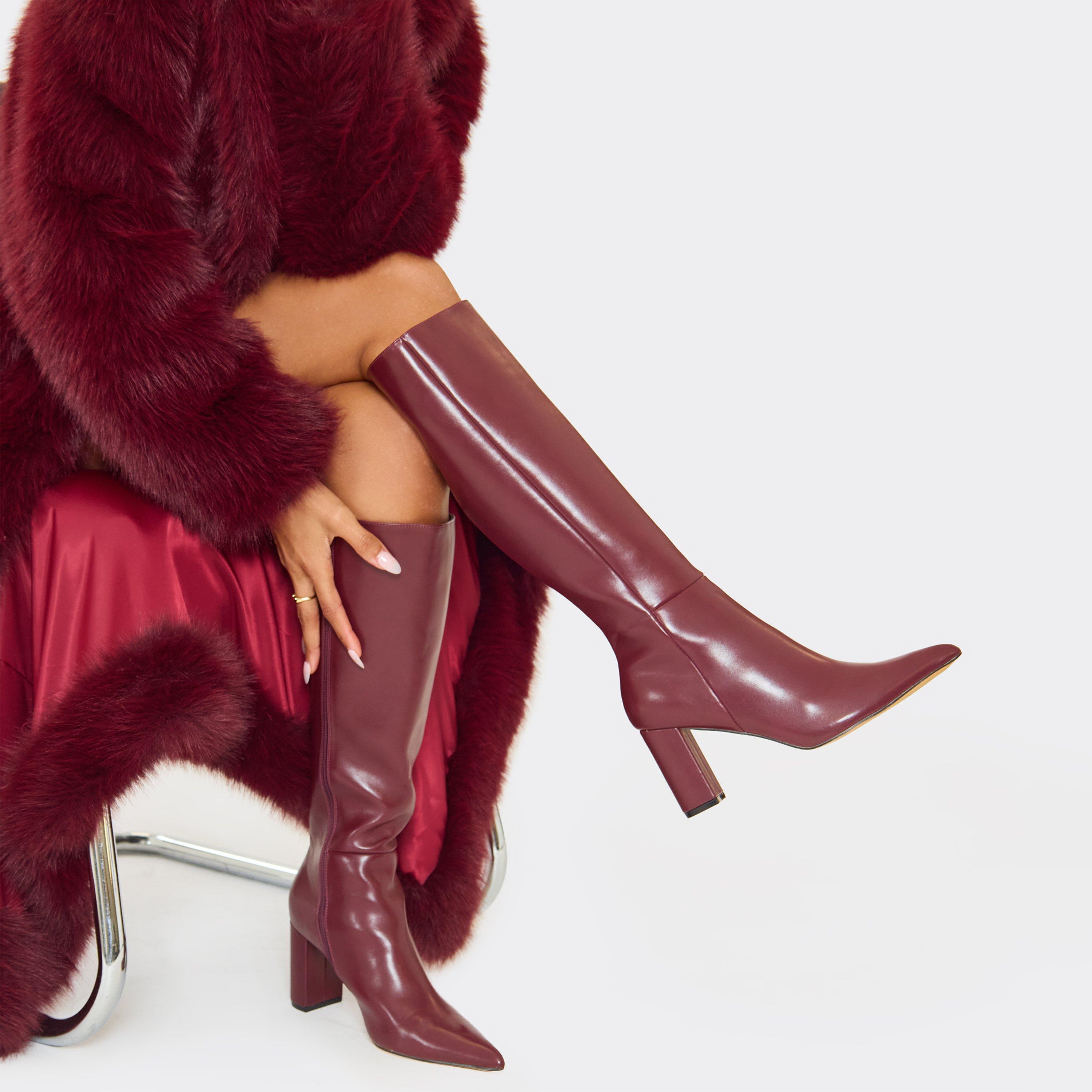 Outstanding Pointed Toe Knee High Heeled Boot In Burgundy Faux Leather, Women’s