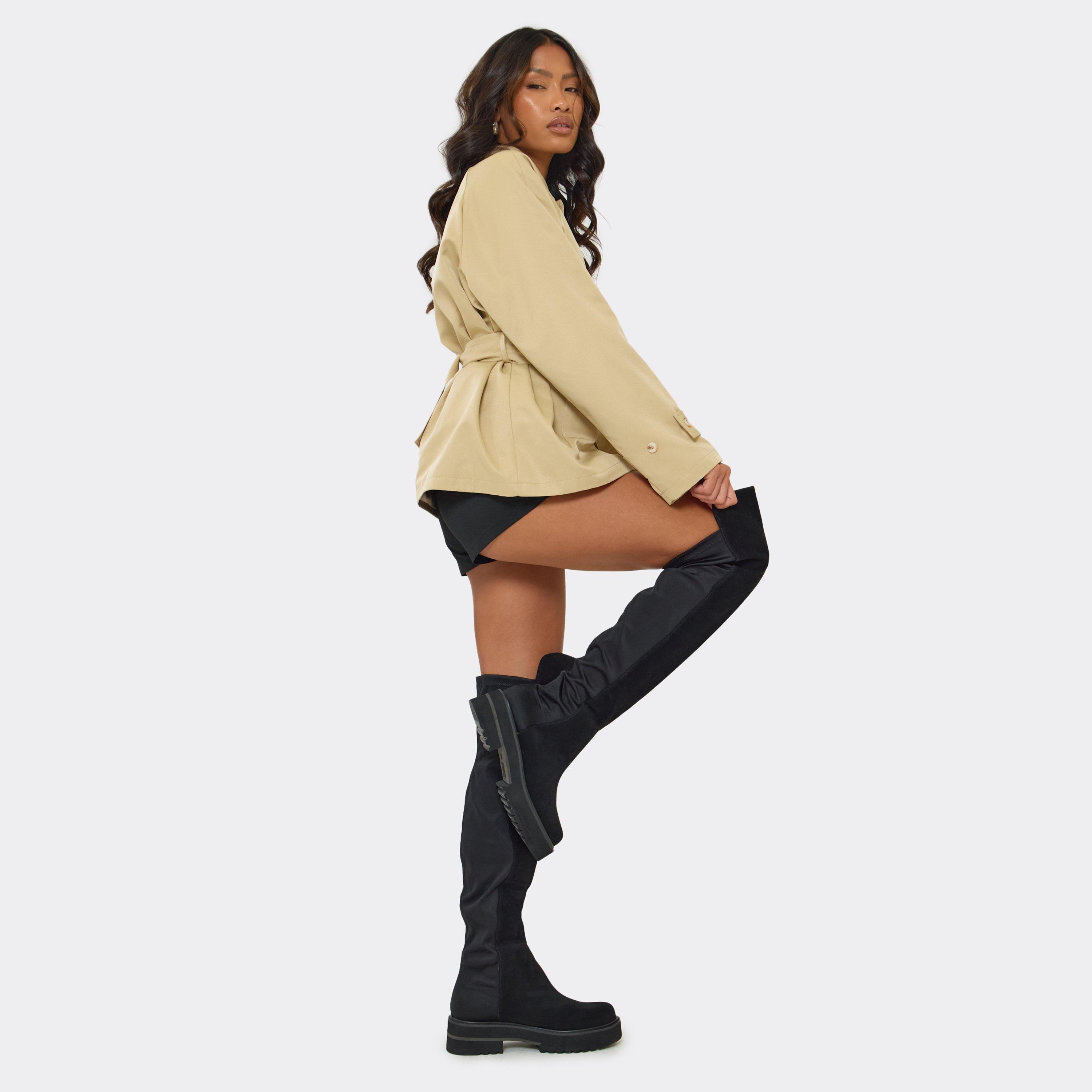 Dyad Chunky Sole Knee High Long Boot In Black Faux Suede, Women’s