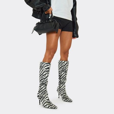 Zoology Pointed Toe Knee High Heeled Boot In Zebra Print Faux Fur, Women's Size US