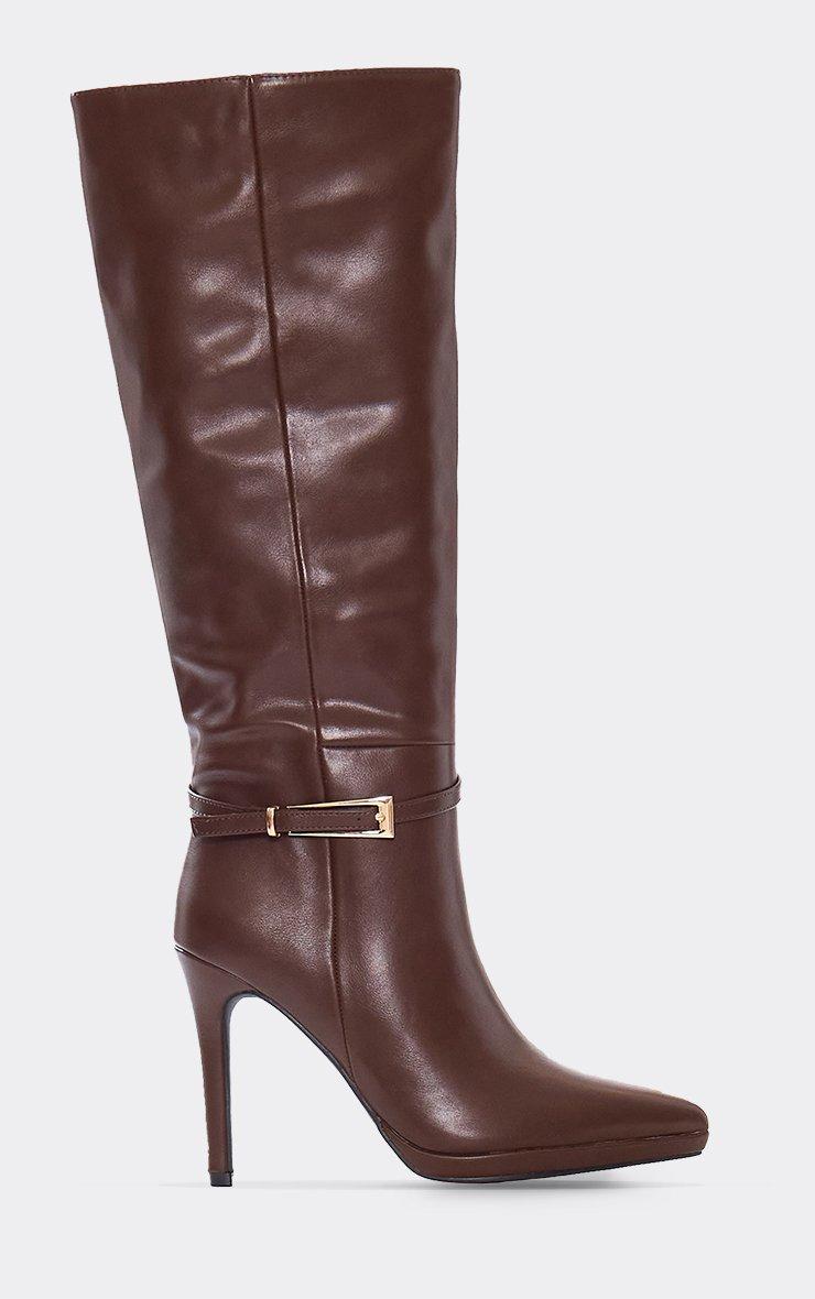 Stiller Buckle Detail Pointed Toe Stiletto Heel Knee High Boot In Brown  Faux Leather | EGO UK | EGO