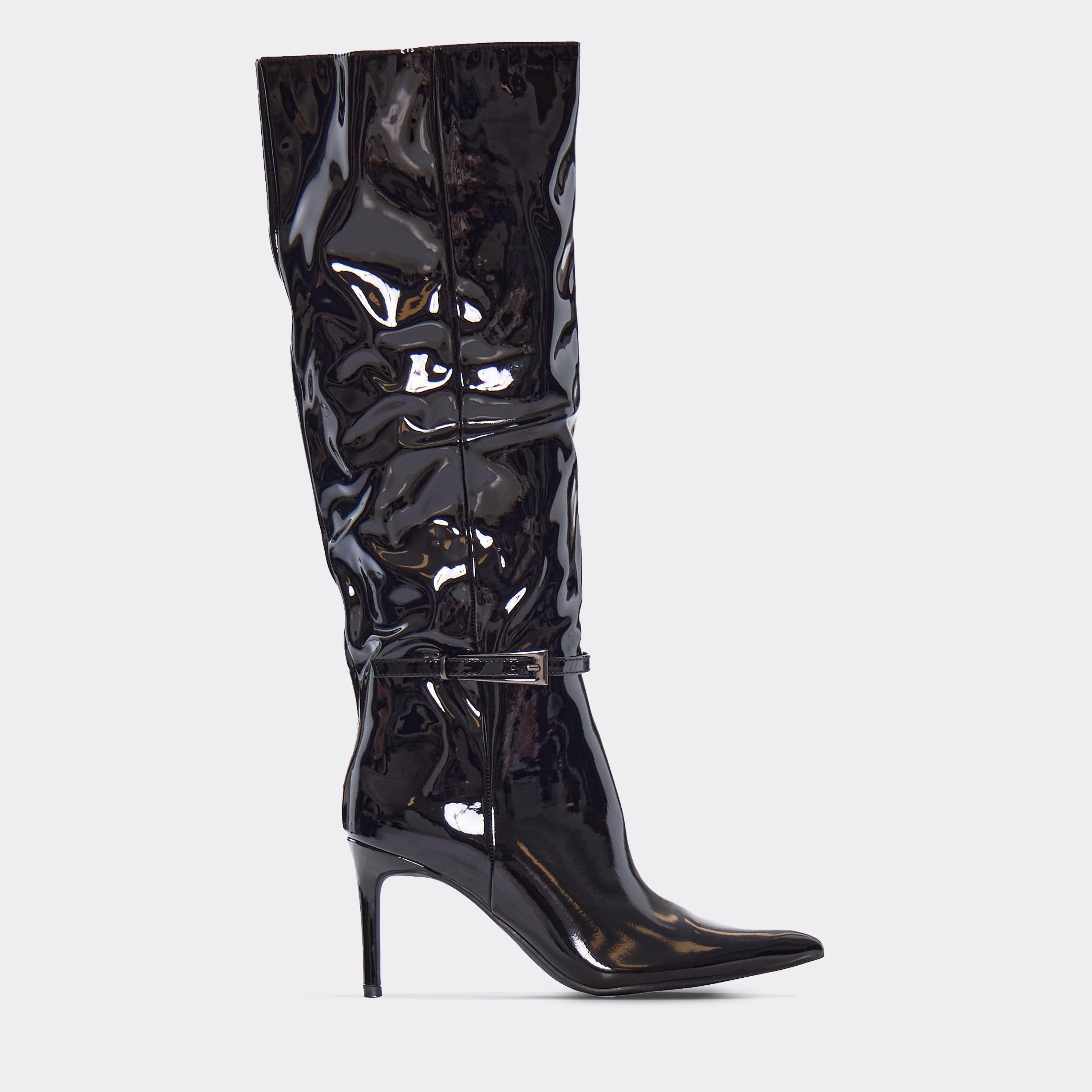 Ryar Buckle Detail Pointed Toe Stiletto Heel Knee High Boot In Black Patent, Women's Size UK 3
