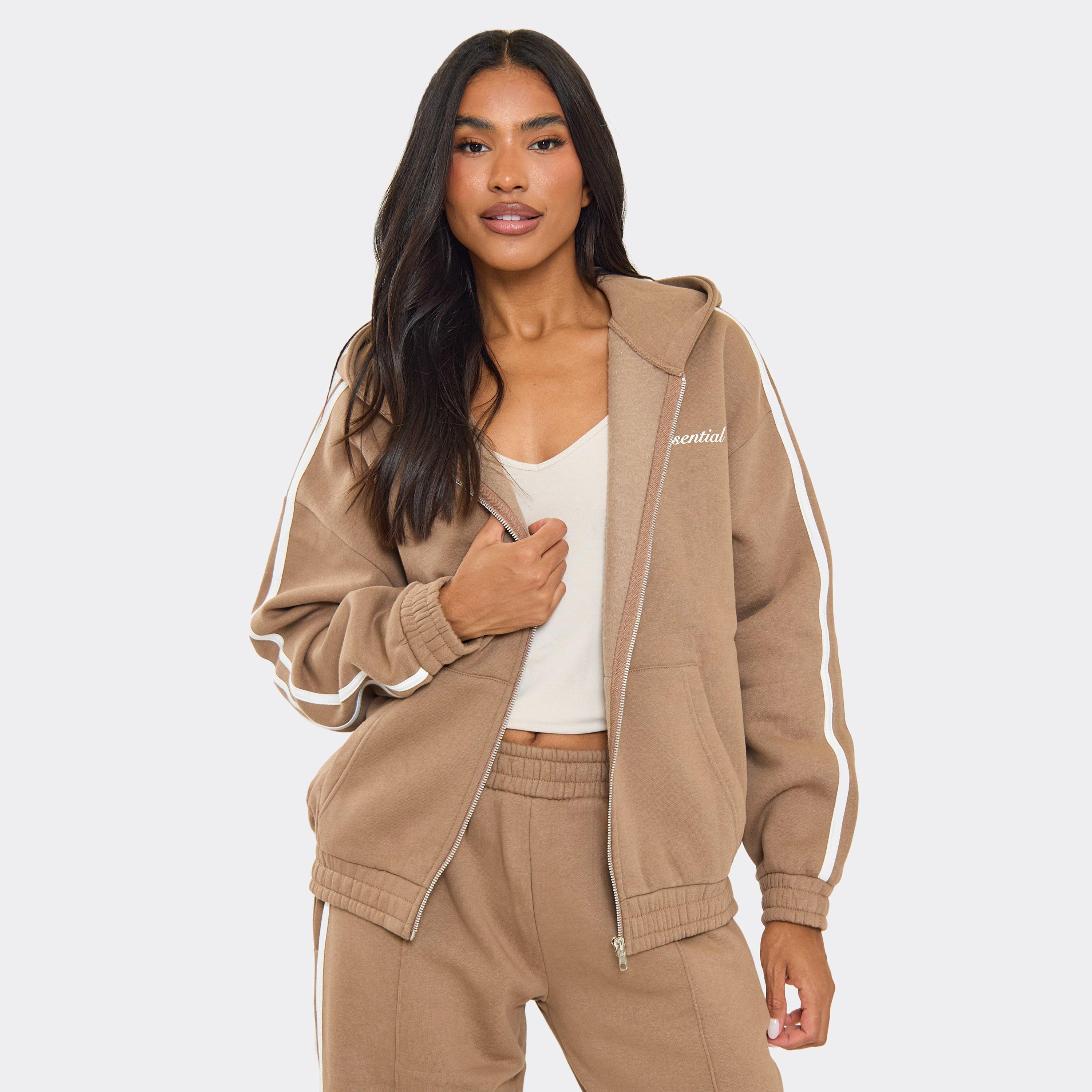 Oversized Contrast Stripe Side Essential Graphic Hoodie In Mocha Brown, Women's Size UK 6