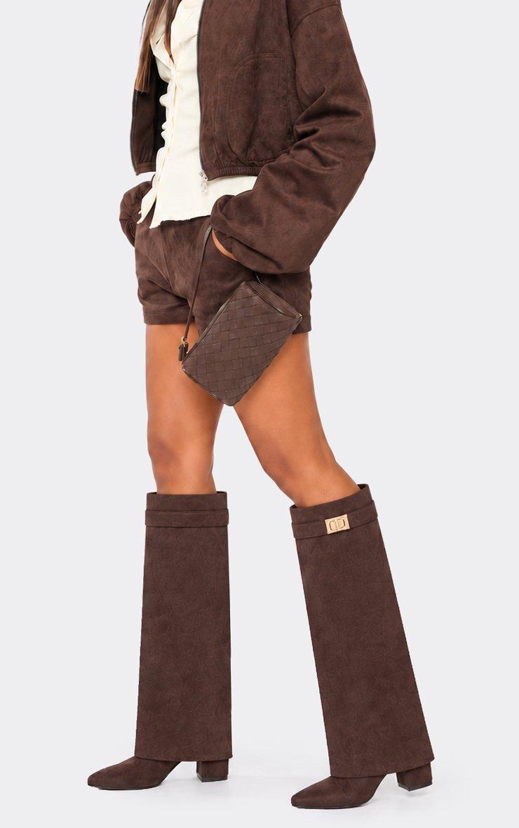 Magic Layered Lock Detail Pointed Toe Block Heel Knee High Boot In Brown Faux Suede.