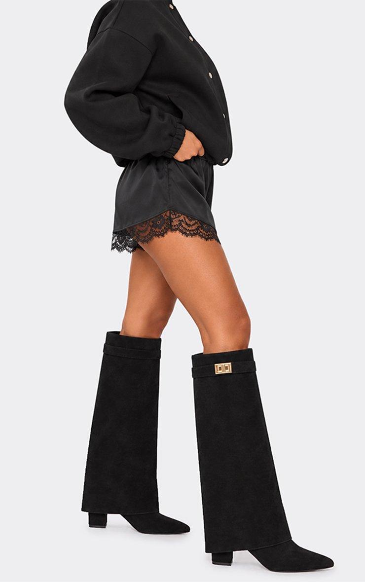 Magic Layered Lock Detail Pointed Toe Block Heel Knee High Boot In Black Faux Suede.