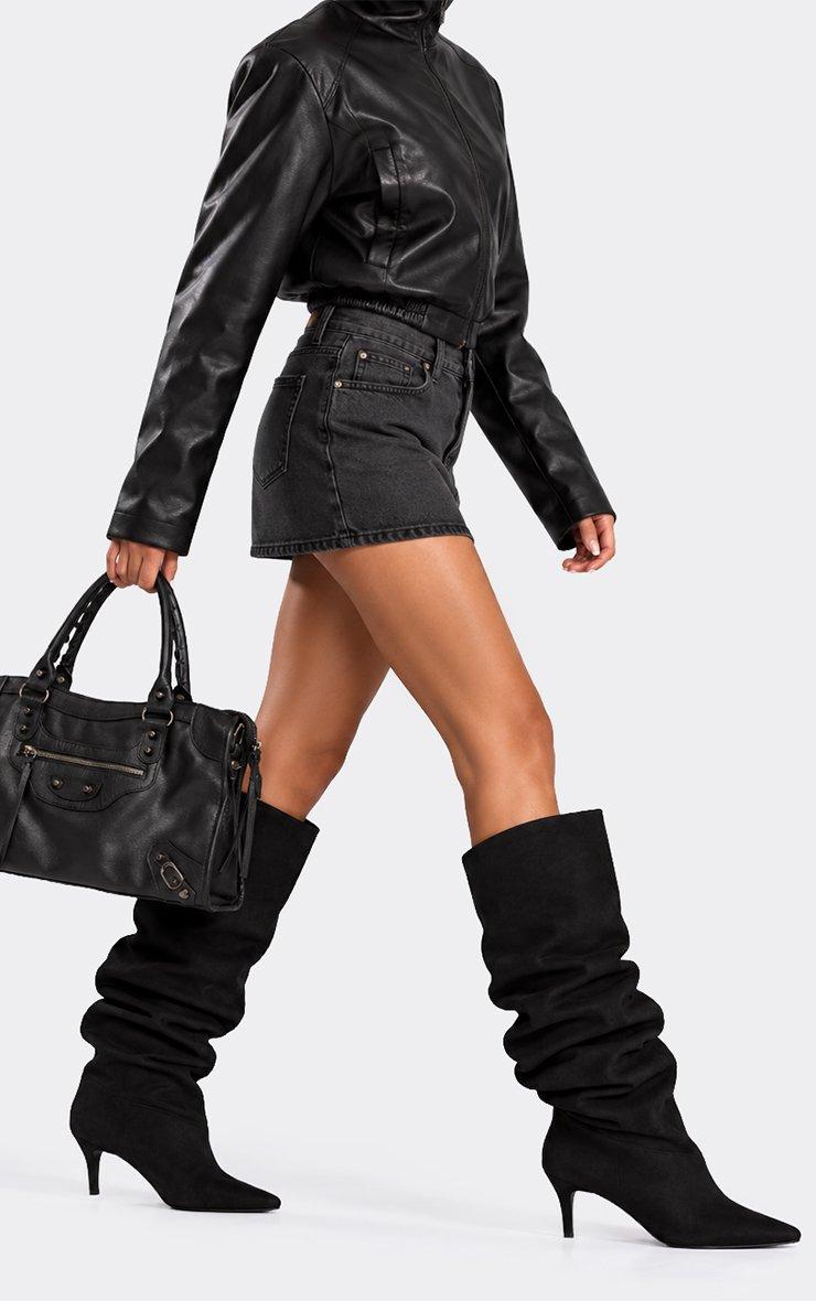 Bride Pointed Toe Knee High Kitten Heel Boot In Black Faux Suede.