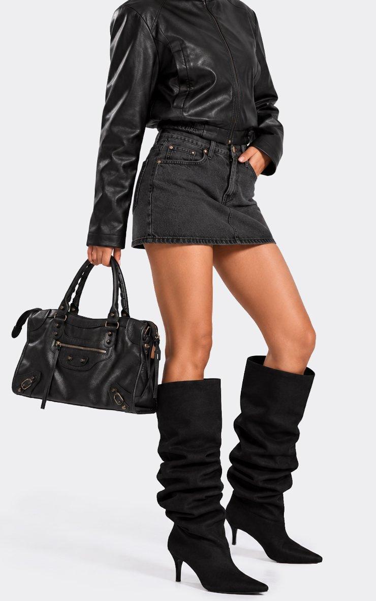 Bride Pointed Toe Knee High Kitten Heel Boot In Black Faux Suede.