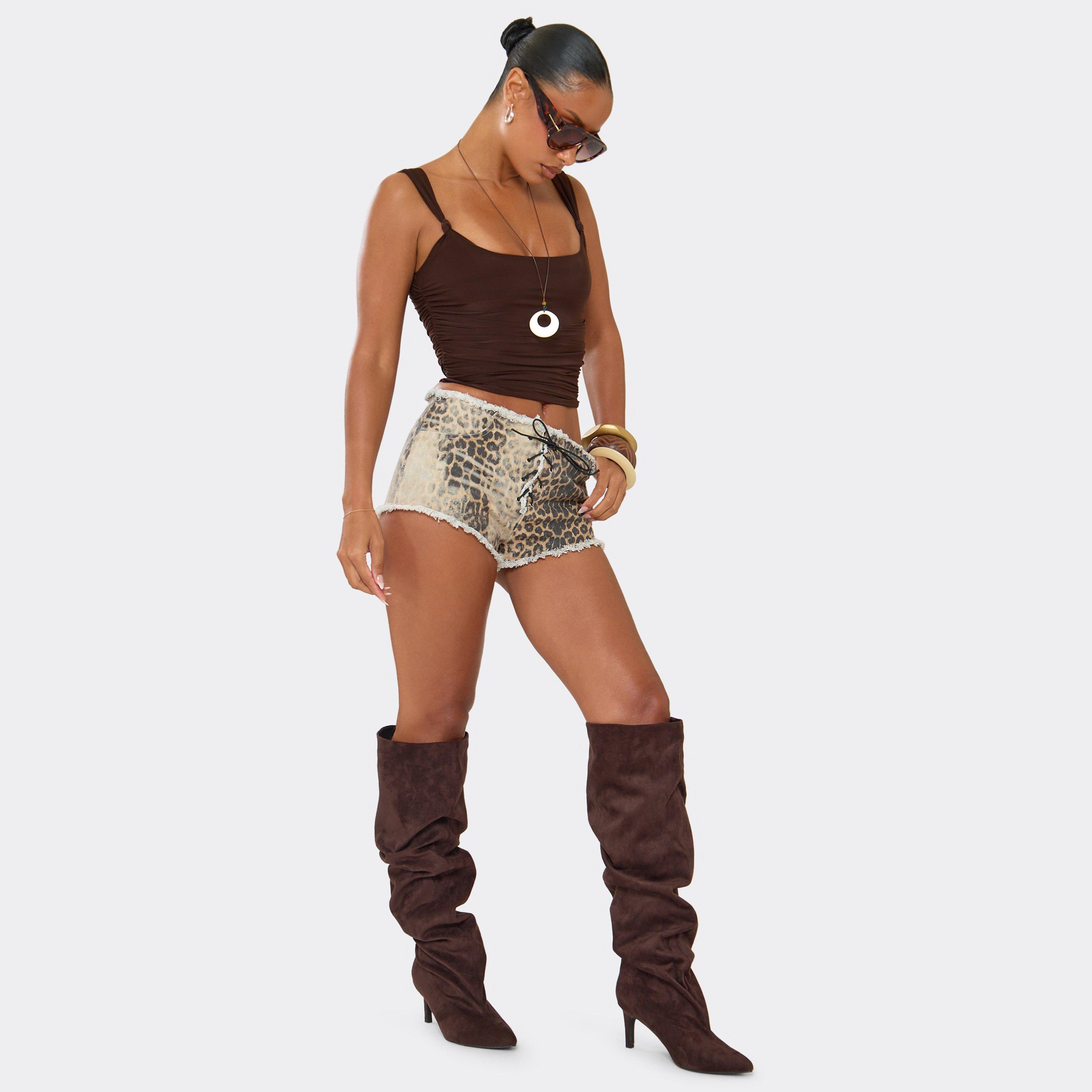 Bride Pointed Toe Knee High Kitten Heel Boot In Brown Faux Suede, Women's Size UK 4
