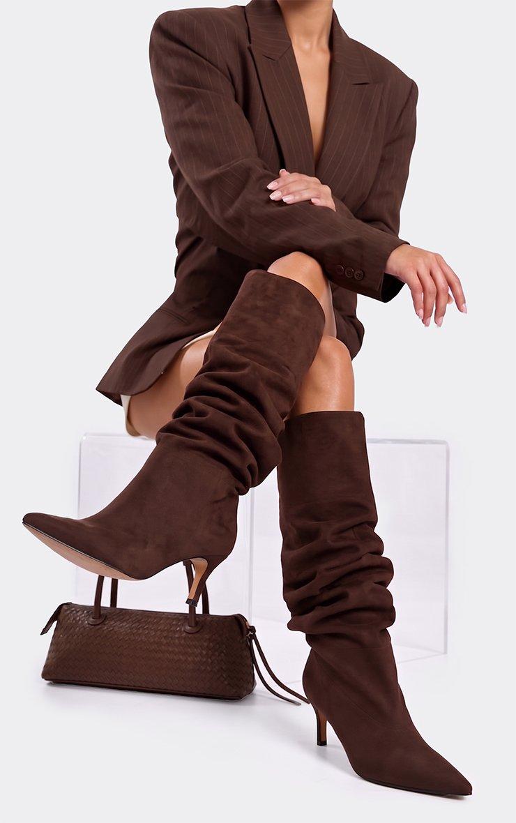 Bride Pointed Toe Knee High Kitten Heel Boot In Brown Faux Suede.