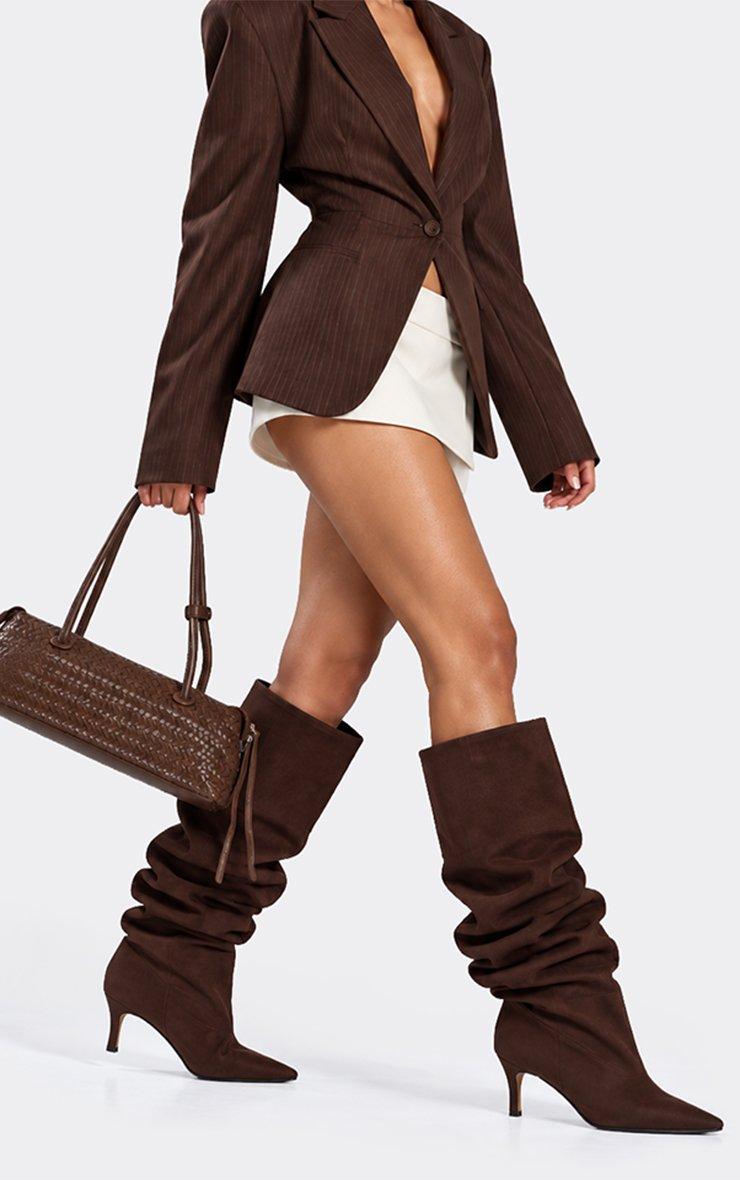 Bride Pointed Toe Knee High Kitten Heel Boot In Brown Faux Suede.