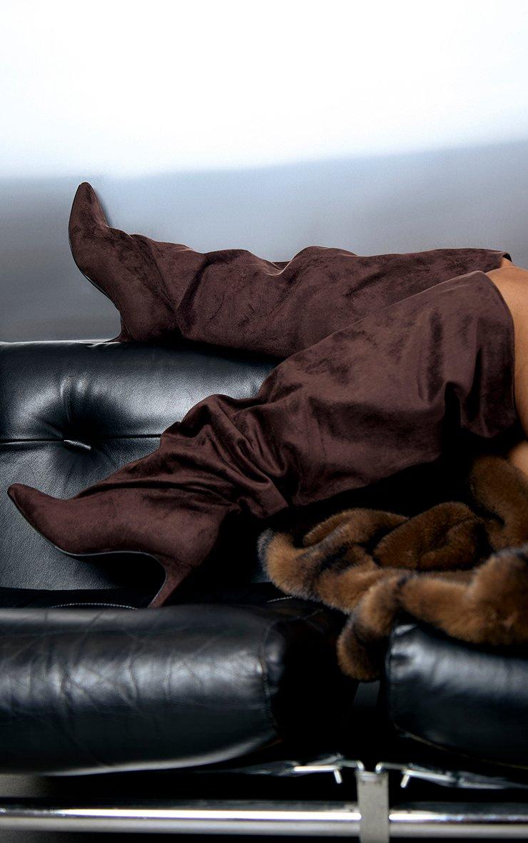 Bride Pointed Toe Knee High Kitten Heel Boot In Brown Faux Suede