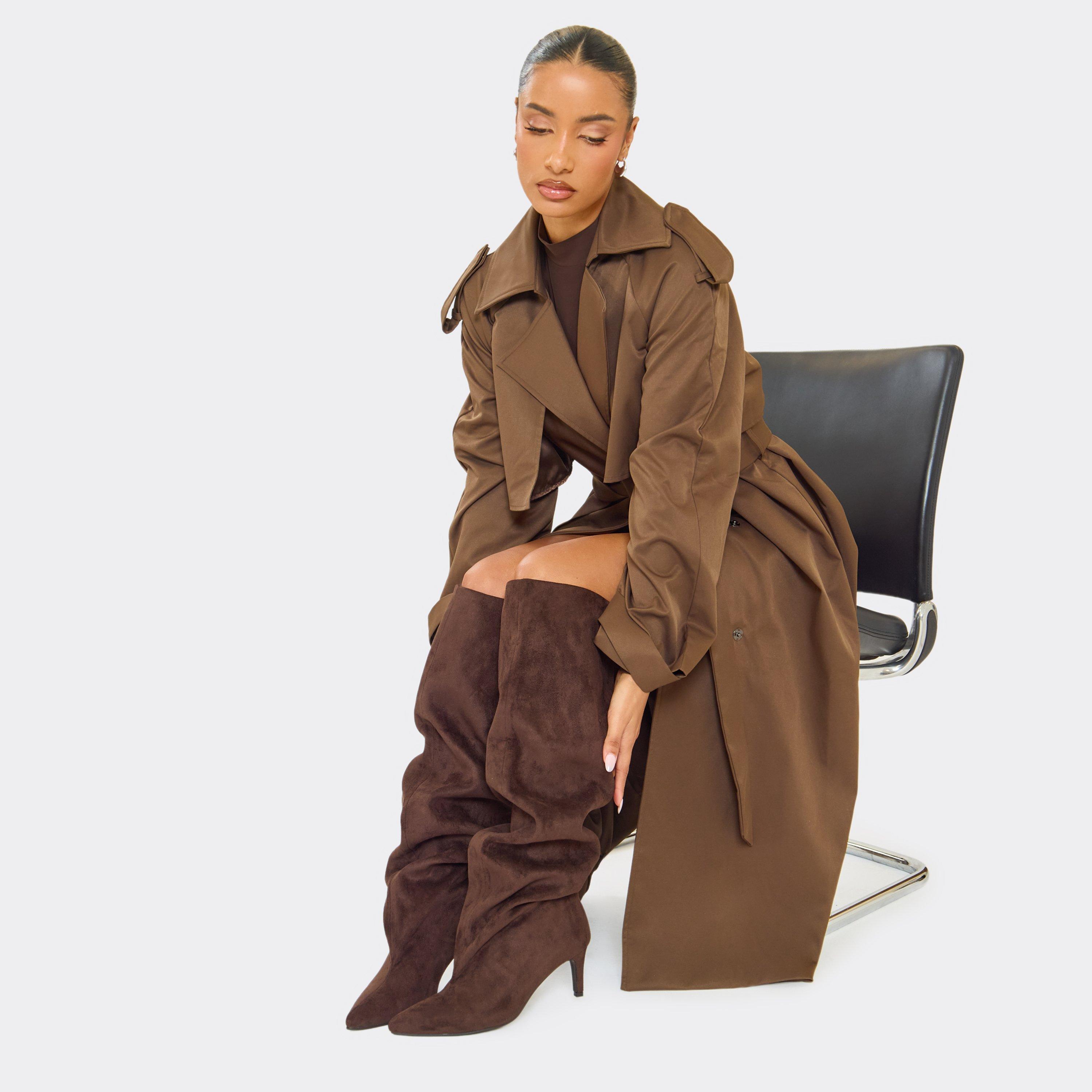 Bride Pointed Toe Knee High Kitten Heel Boot In Brown Faux Suede, Women's Size UK 7