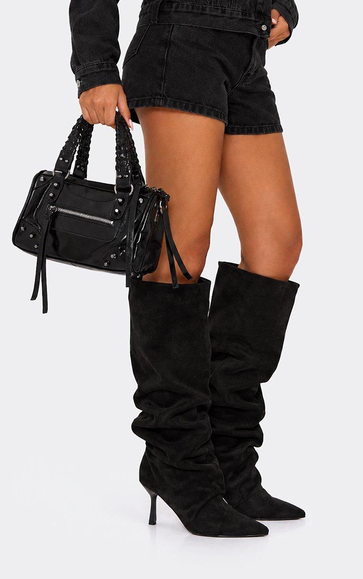 Cave Pointed Toe Slouched Detail Knee High Boot In Black Faux Suede.