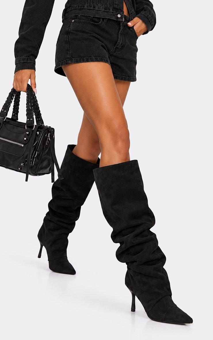 Cave Pointed Toe Slouched Detail Knee High Boot In Black Faux Suede.