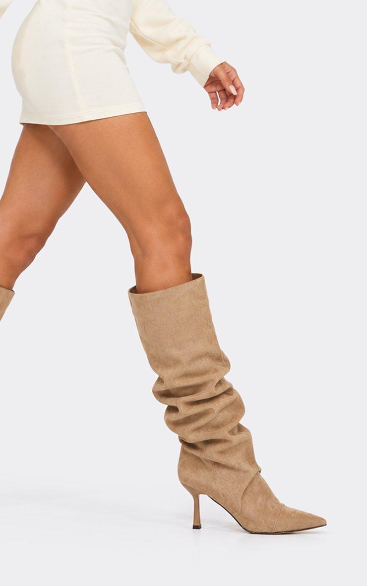 Cave Pointed Toe Slouched Detail Knee High Boot In Beige Faux Suede.