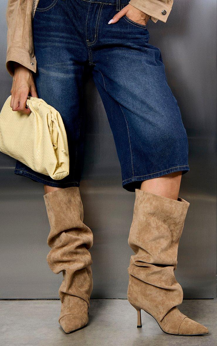 Cave Pointed Toe Slouched Detail Knee High Boot In Beige Faux Suede