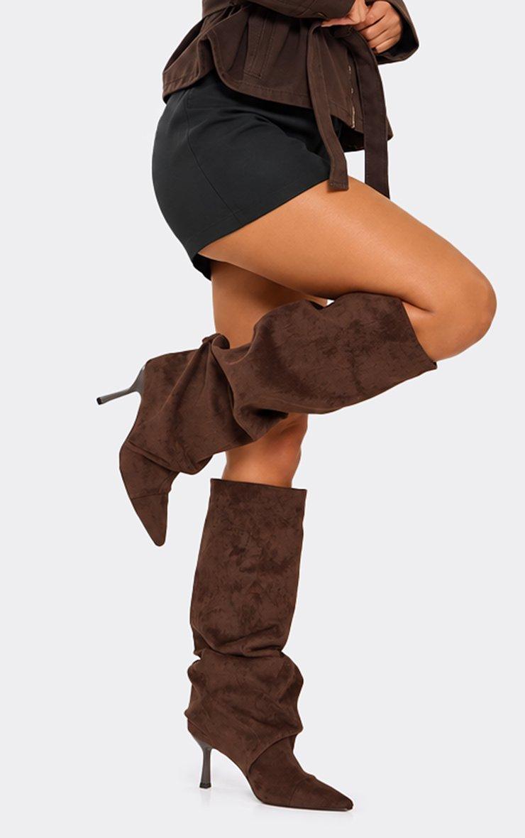 Cave Pointed Toe Slouched Detail Knee High Boot In Brown Faux Suede.