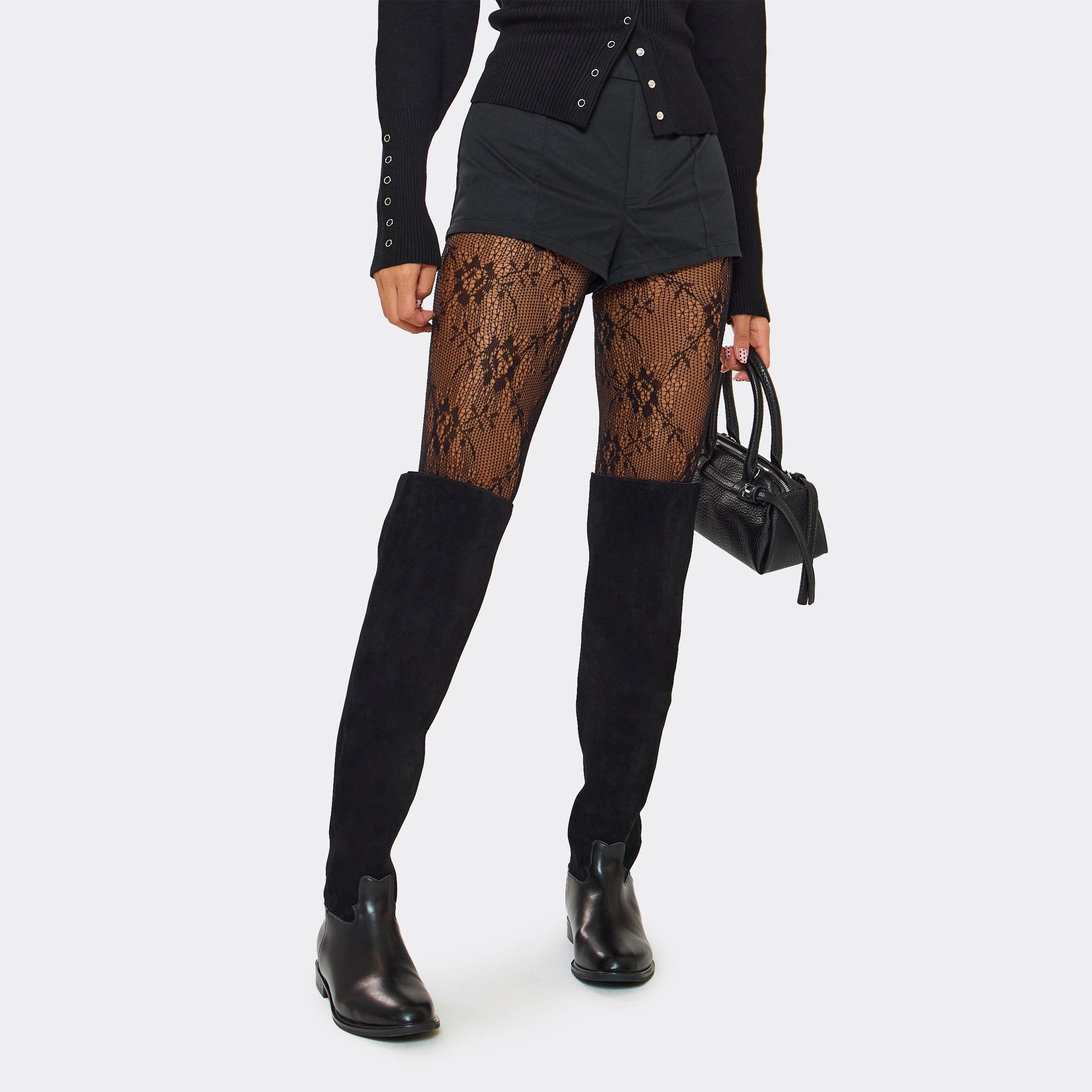 Top-Rider Contrast Detail Knee High Long Flat Boot In Black Faux Leather, Women's Size UK 4