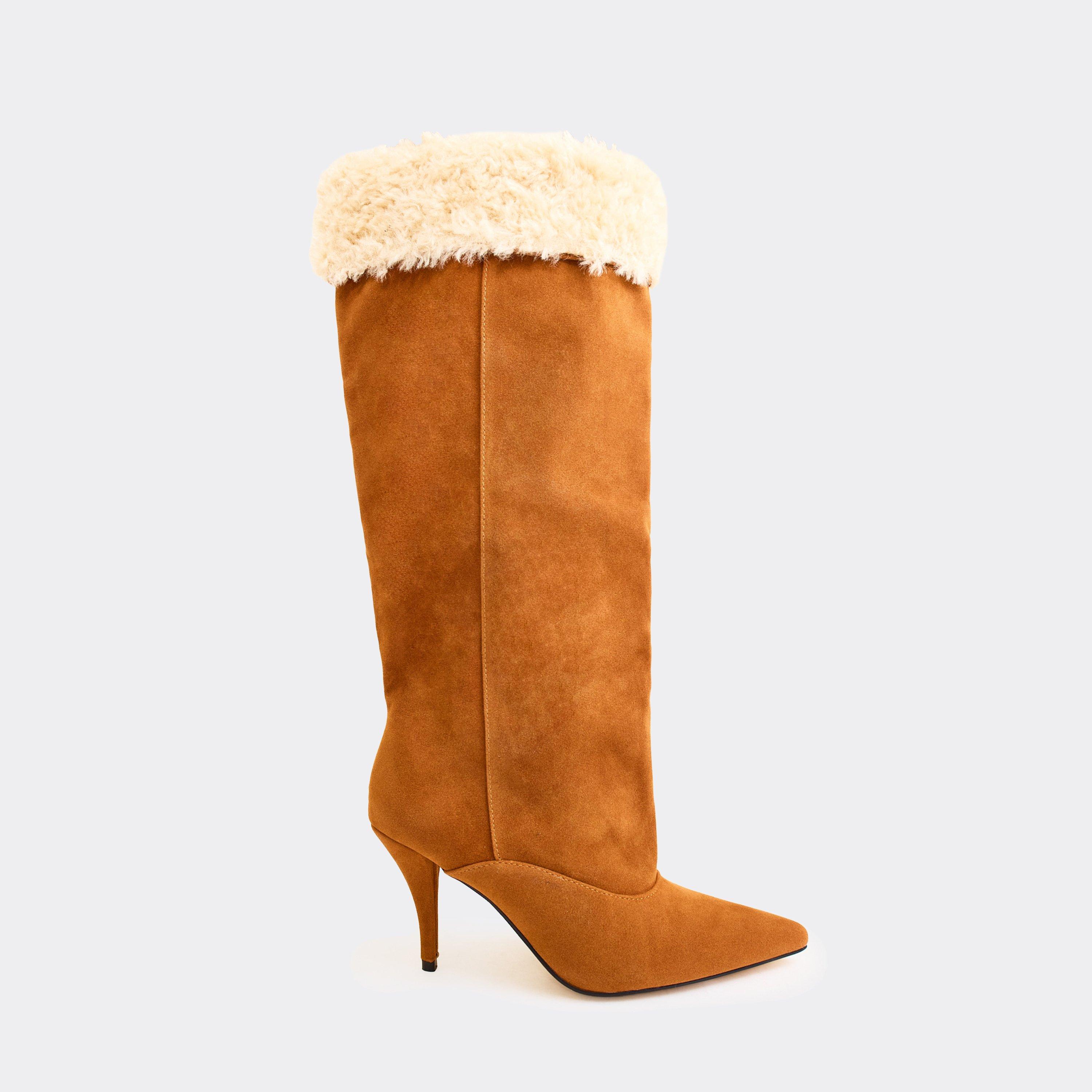 Seattle Faux Fur Trim Pointed Toe Stiletto Heel Knee High Boot In Tan Brown Faux Suede, Women's Size UK 3