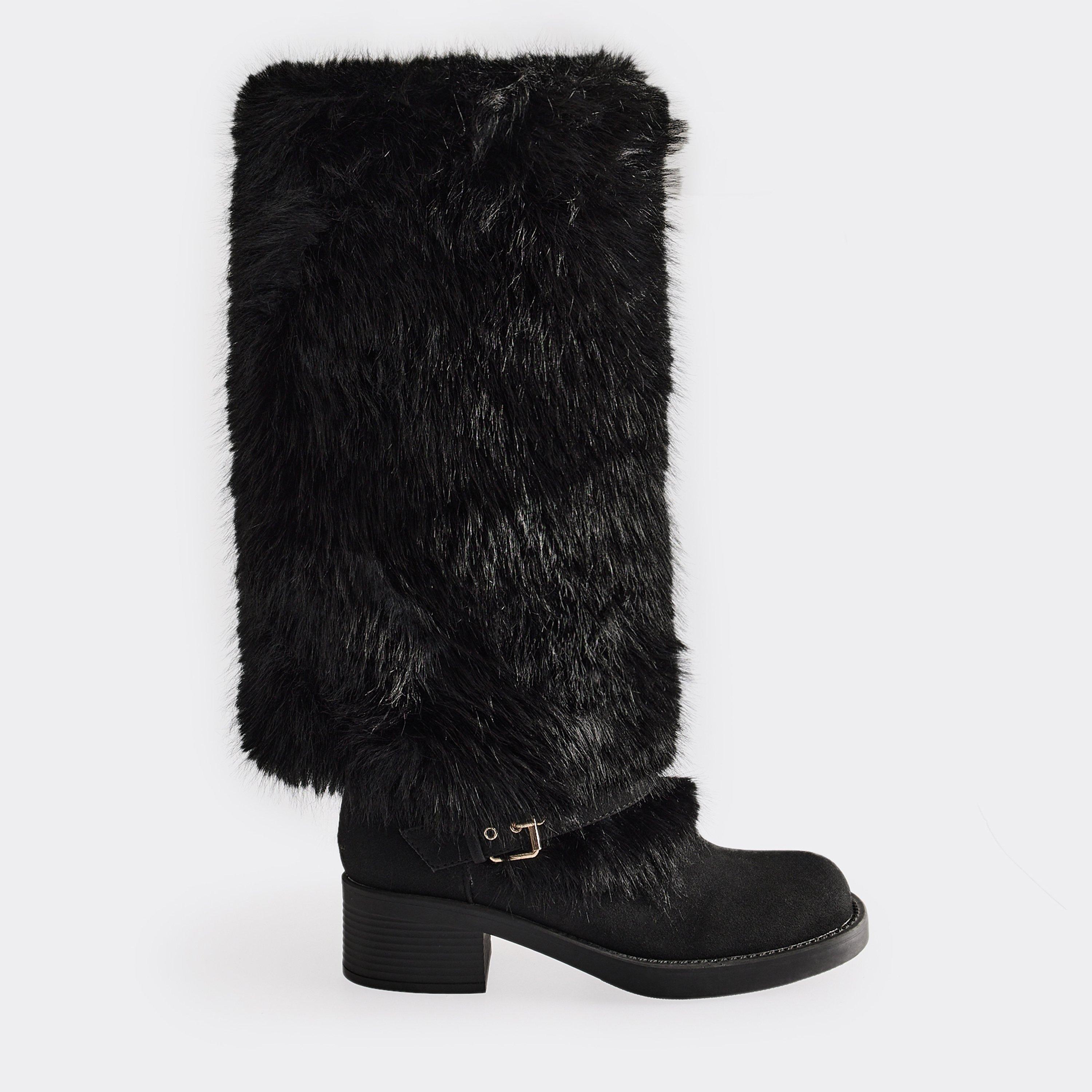 Indira Side Buckle Contrast Faux Fur Detail Boot In Black Faux Suede, Women’s