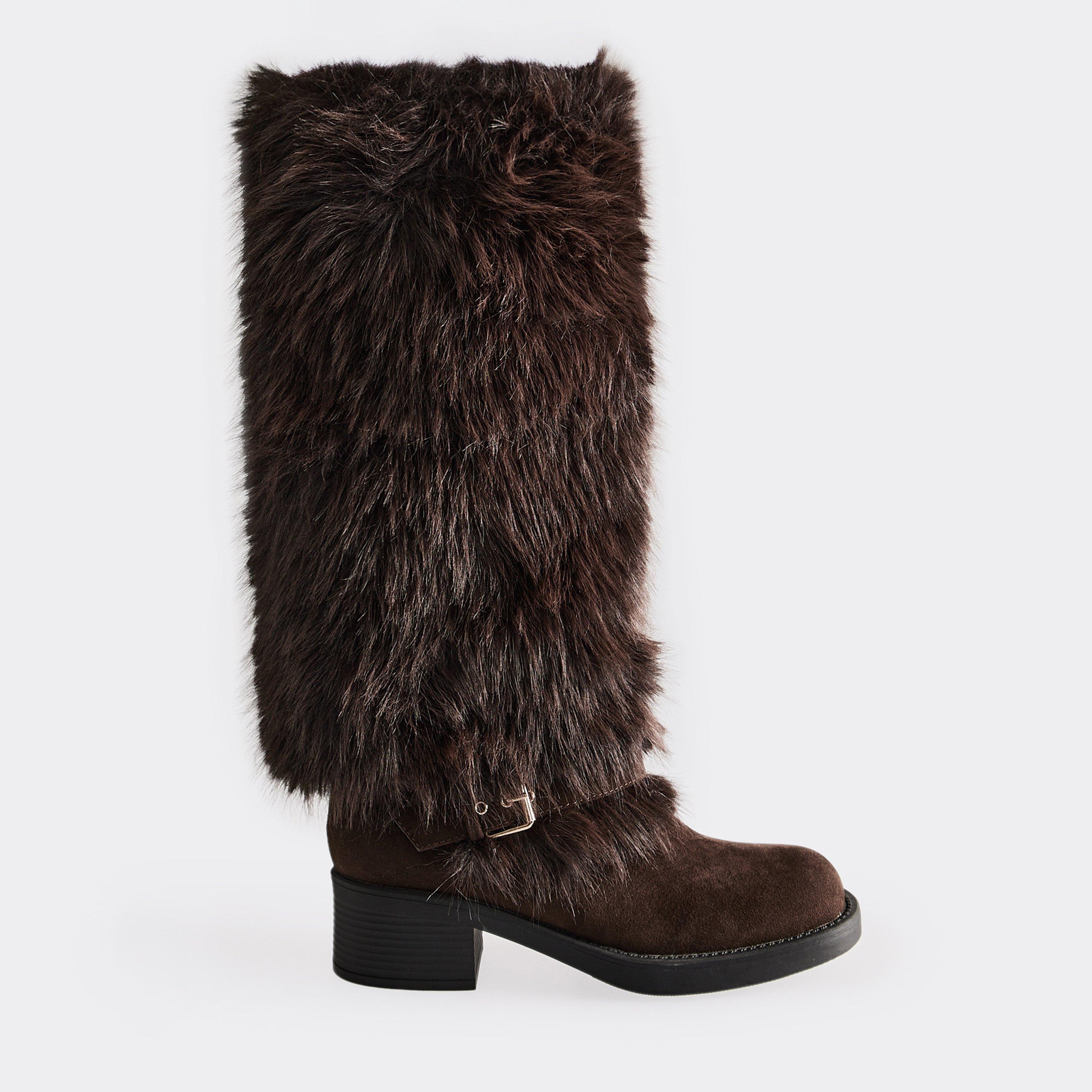 Indira Side Buckle Contrast Faux Fur Detail Boot In Brown Faux Suede, Women’s