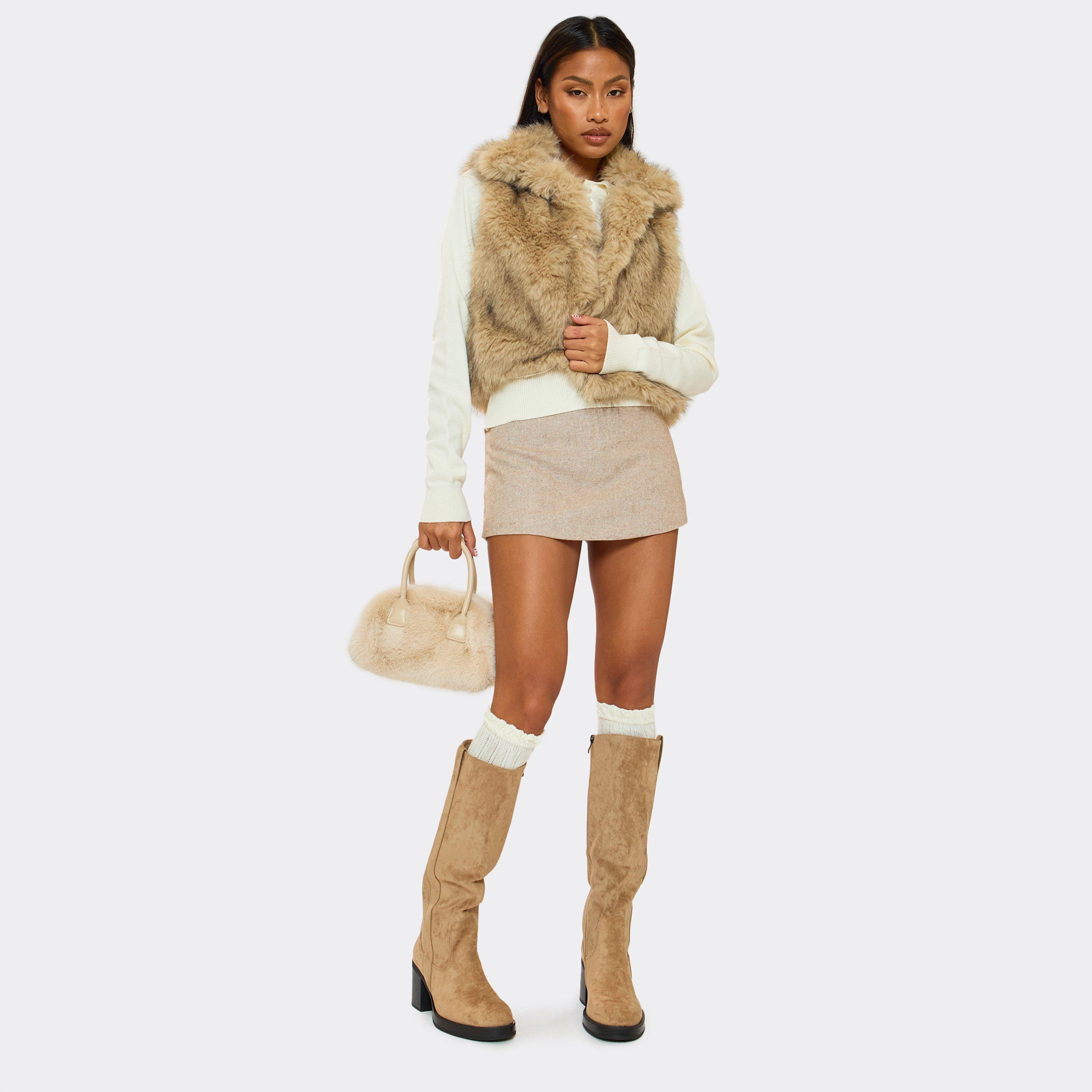 Stun Block Heel Knee High Boot In Beige Faux Suede, Women’s