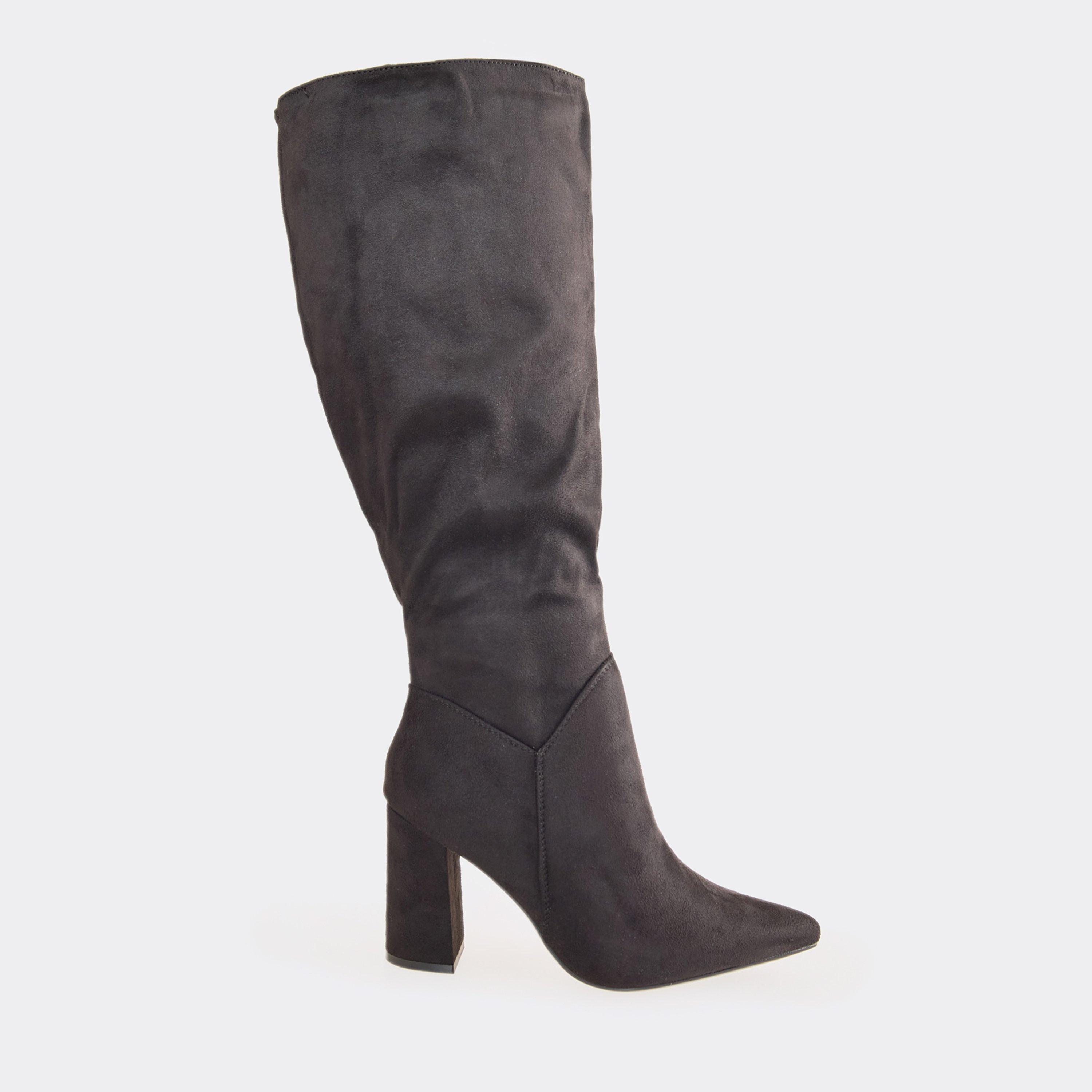 Diffuse Block Heel Pointed Toe Knee High Boot In Black Faux Suede, Women’s