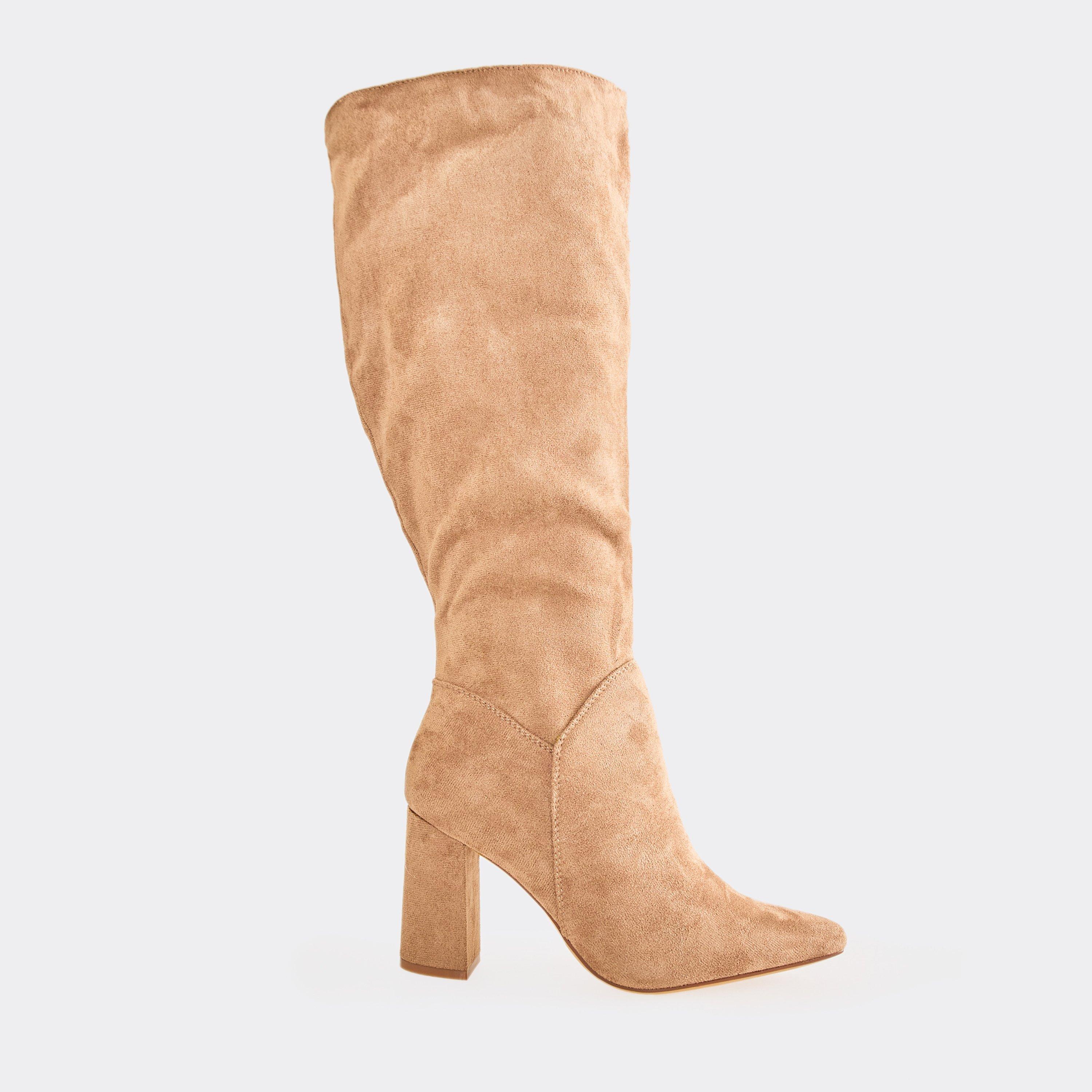 Diffuse Block Heel Pointed Toe Knee High Boot In Taupe Faux Suede, Women's Size UK 3