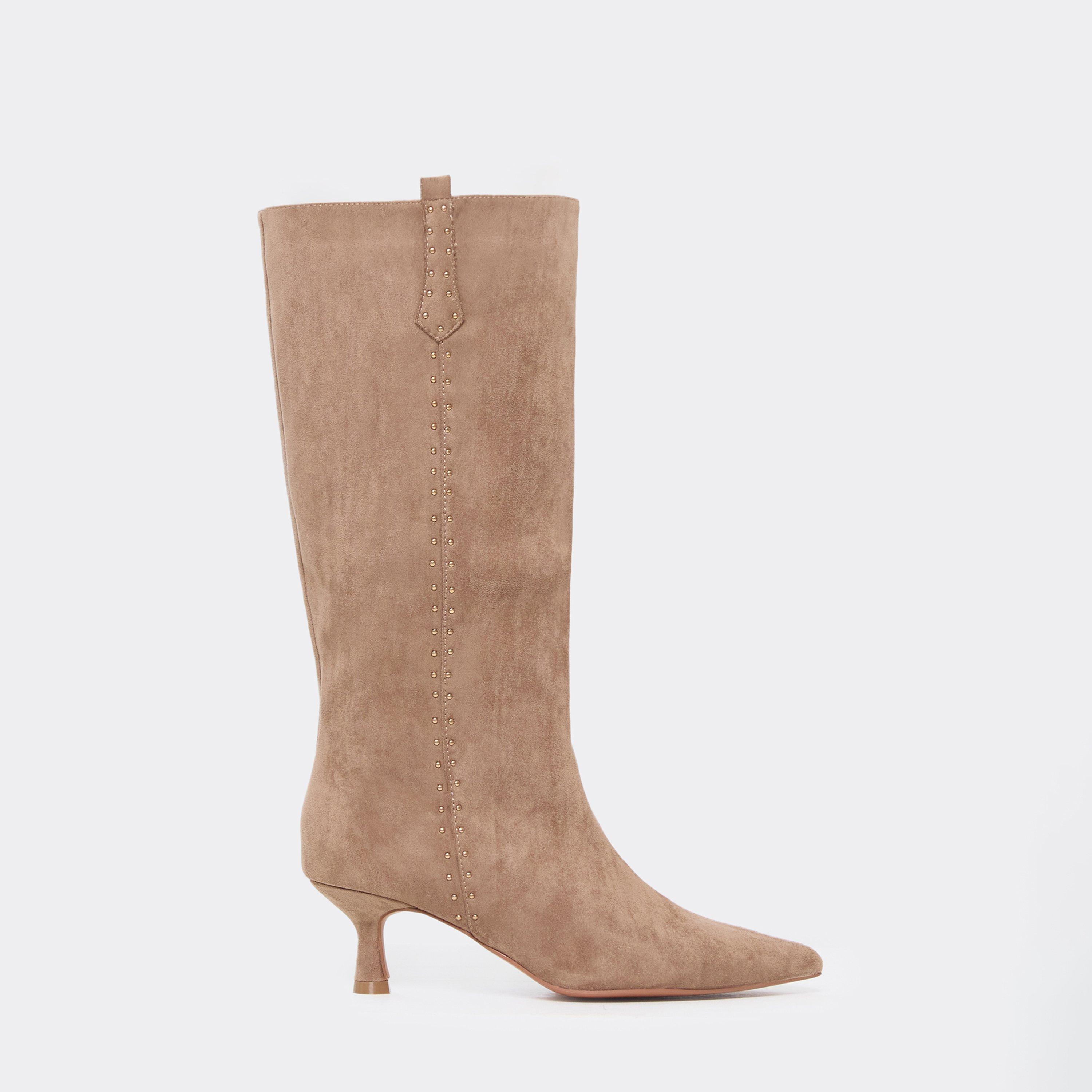 Charter Stud Detail Pointed Toe Knee High Boot In Taupe Faux Suede, Women’s