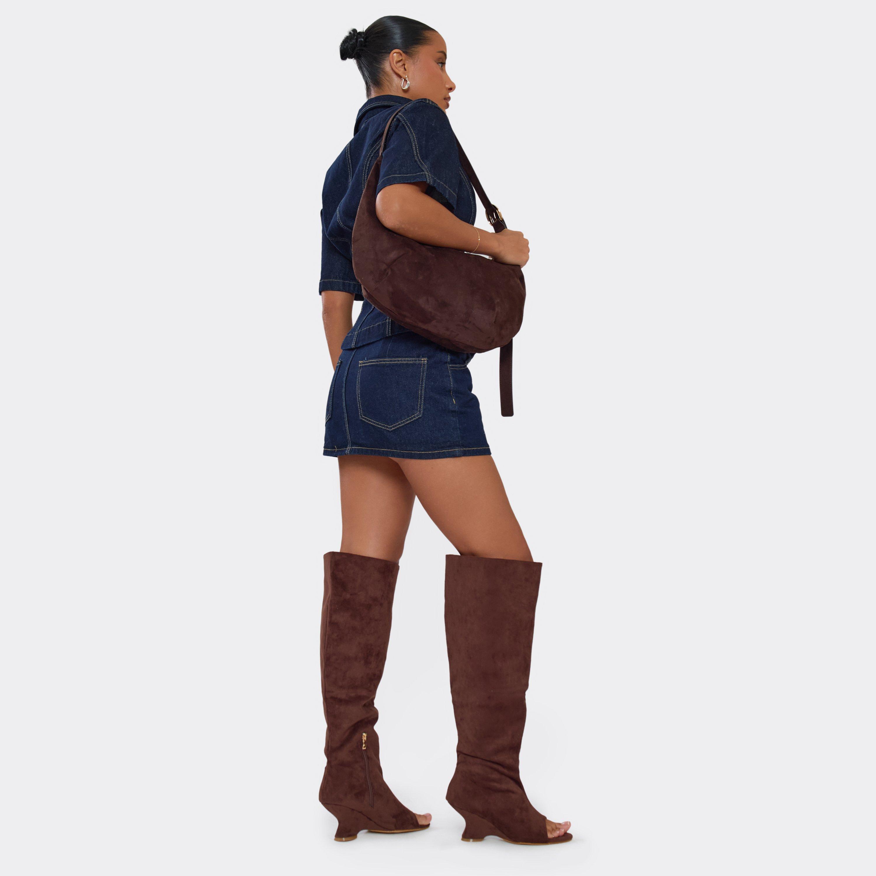 Rev Peep Toe Knee High Wedge Boot In Brown Faux Suede, Women’s