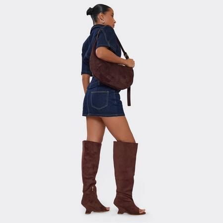 Rev Peep Toe Knee High Wedge Boot In Brown Faux Suede, Women's Size US