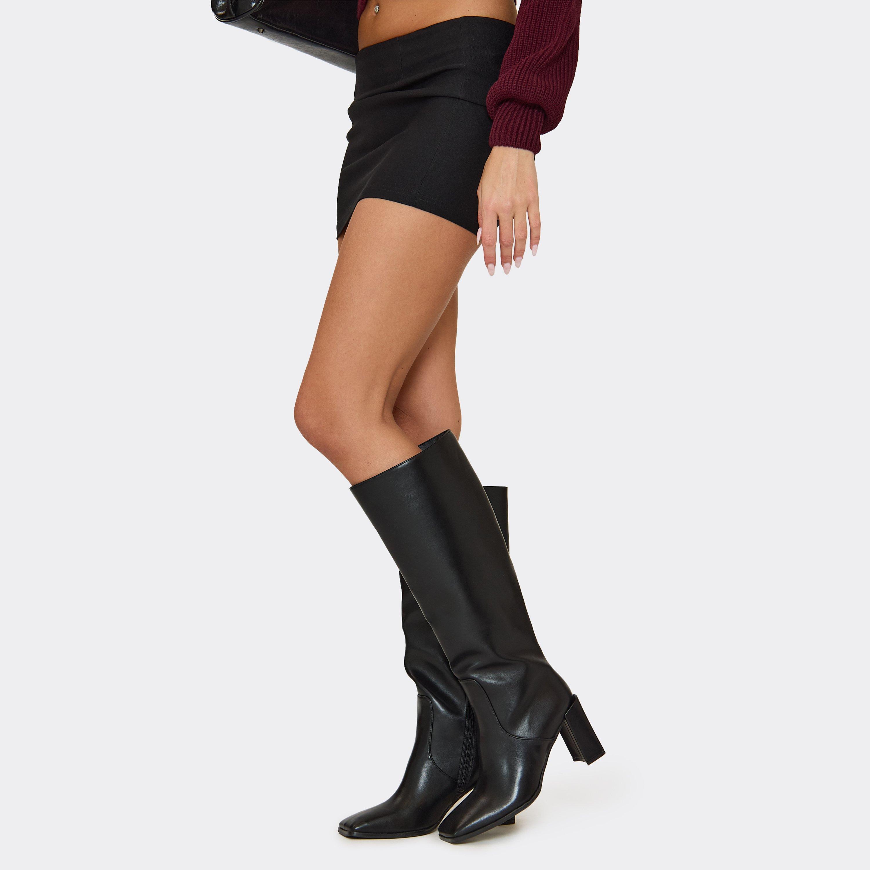 Bernice Square Toe Block Heel Knee High Boot In Black Faux Leather, Women's Size UK 9