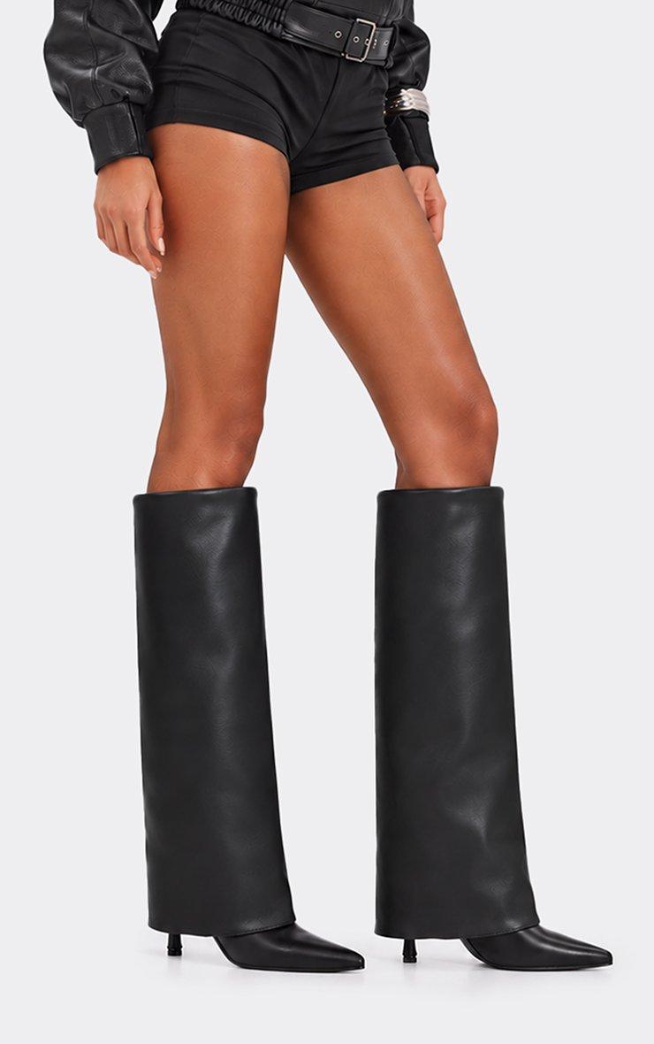 Random Layered Pointed Toe Stiletto Heel Knee High Boot In Black Faux Leather.