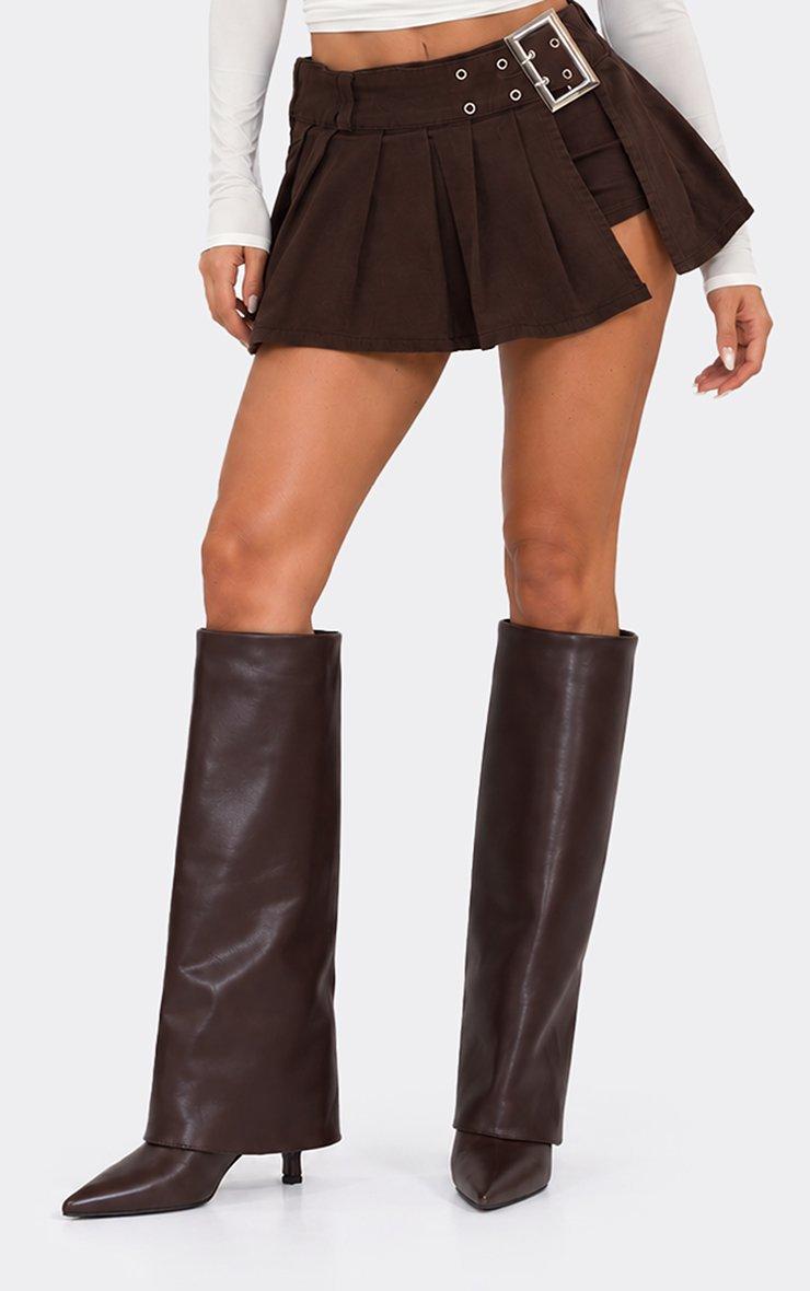 Random Layered Pointed Toe Stiletto Heel Knee High Boot In Brown Faux Leather.