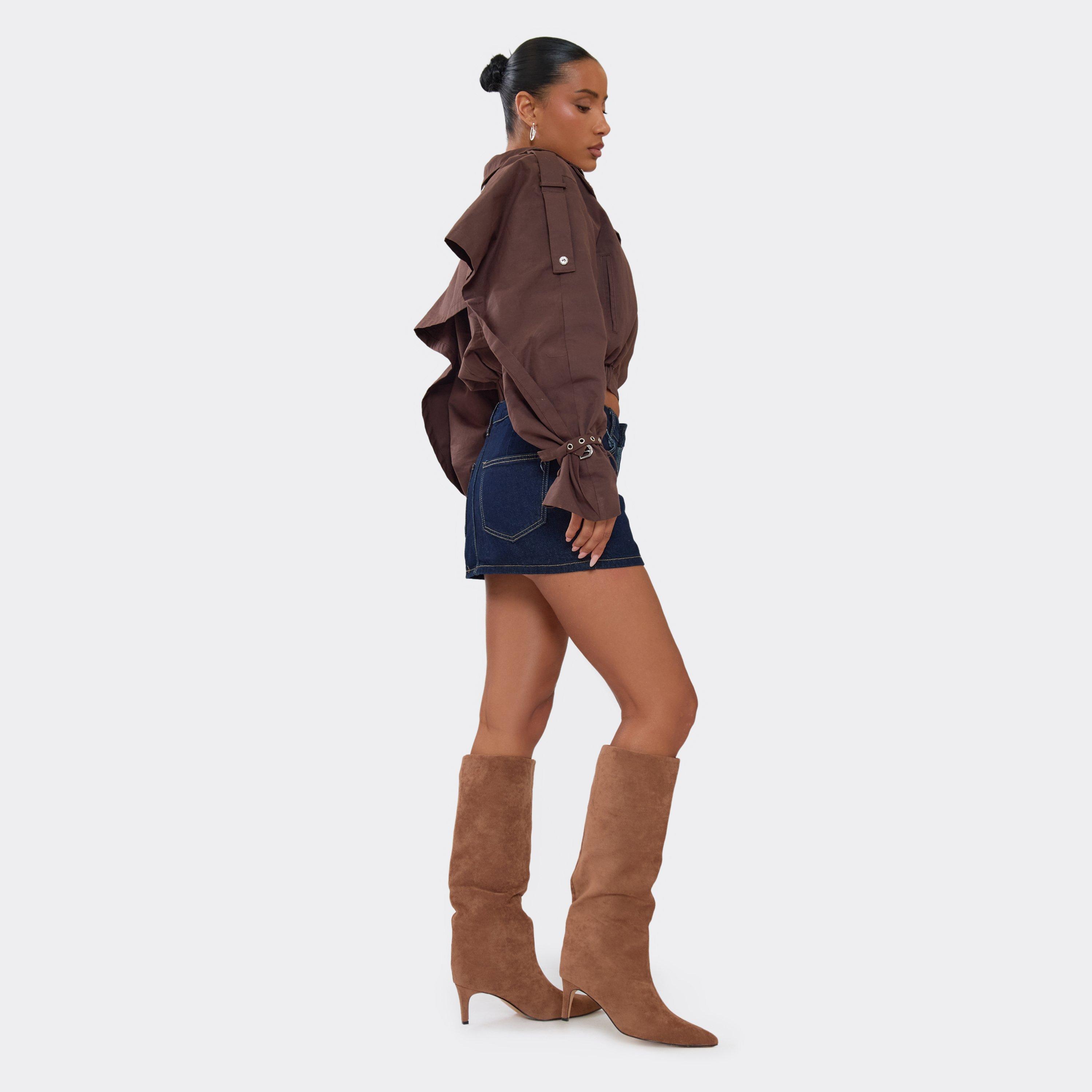 Special Pointed Toe Knee High Heeled Boot In Mocha Faux Suede, Women’s